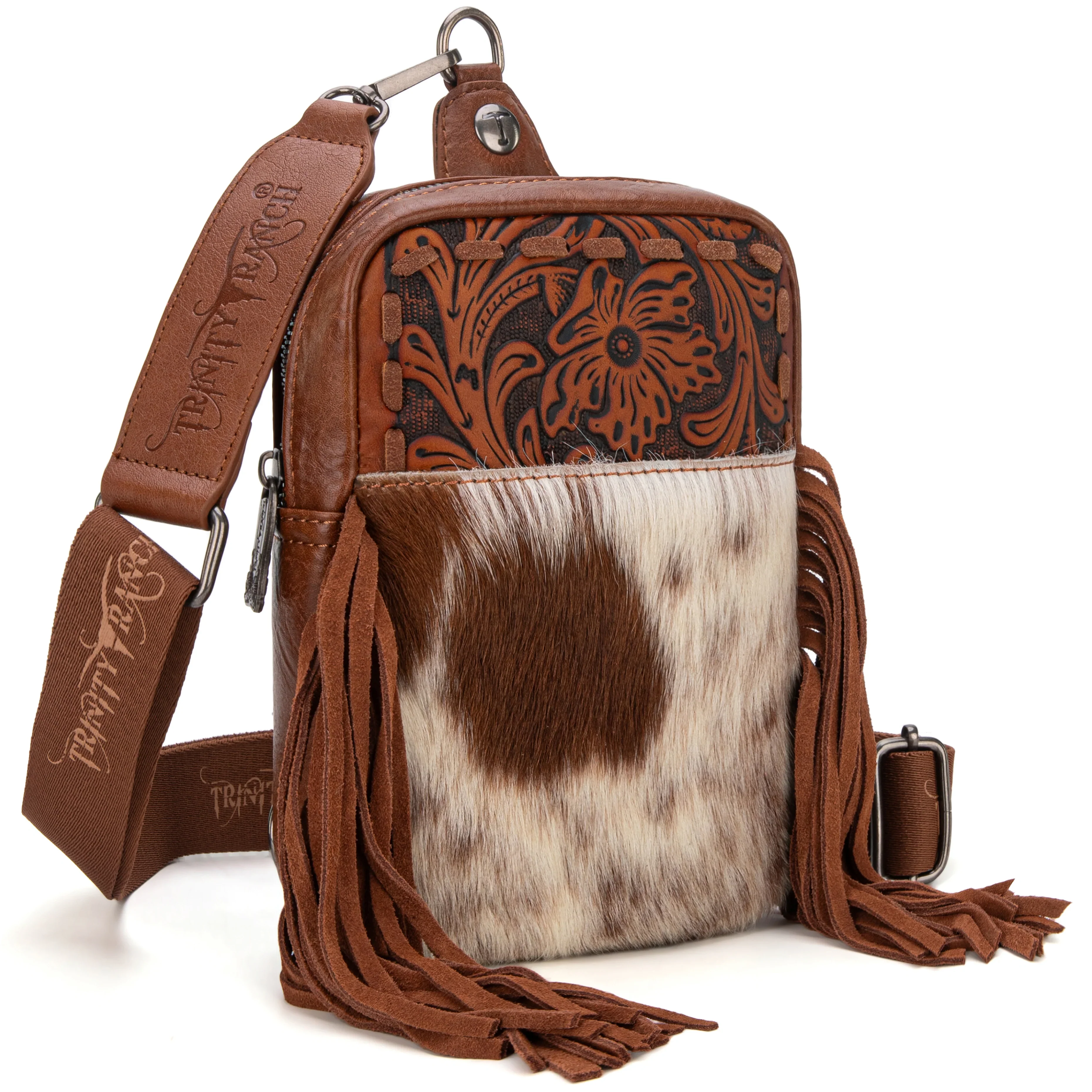 Trinity Ranch Genuine Hair On Cowhide Tooled Fringe Bag- Hot Pink - Image 2