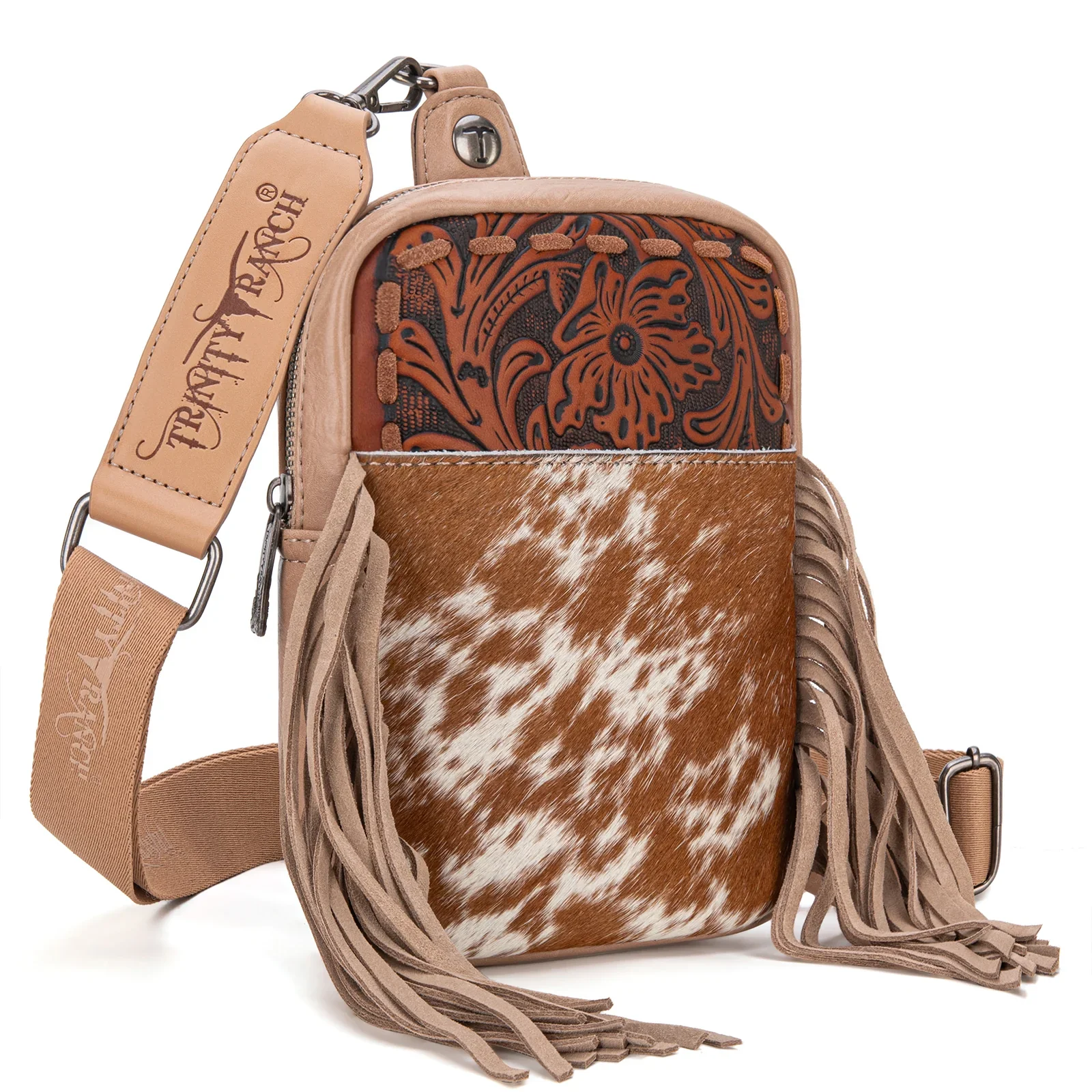 Trinity Ranch Genuine Hair On Cowhide Tooled Fringe Bag- Hot Pink - Image 3