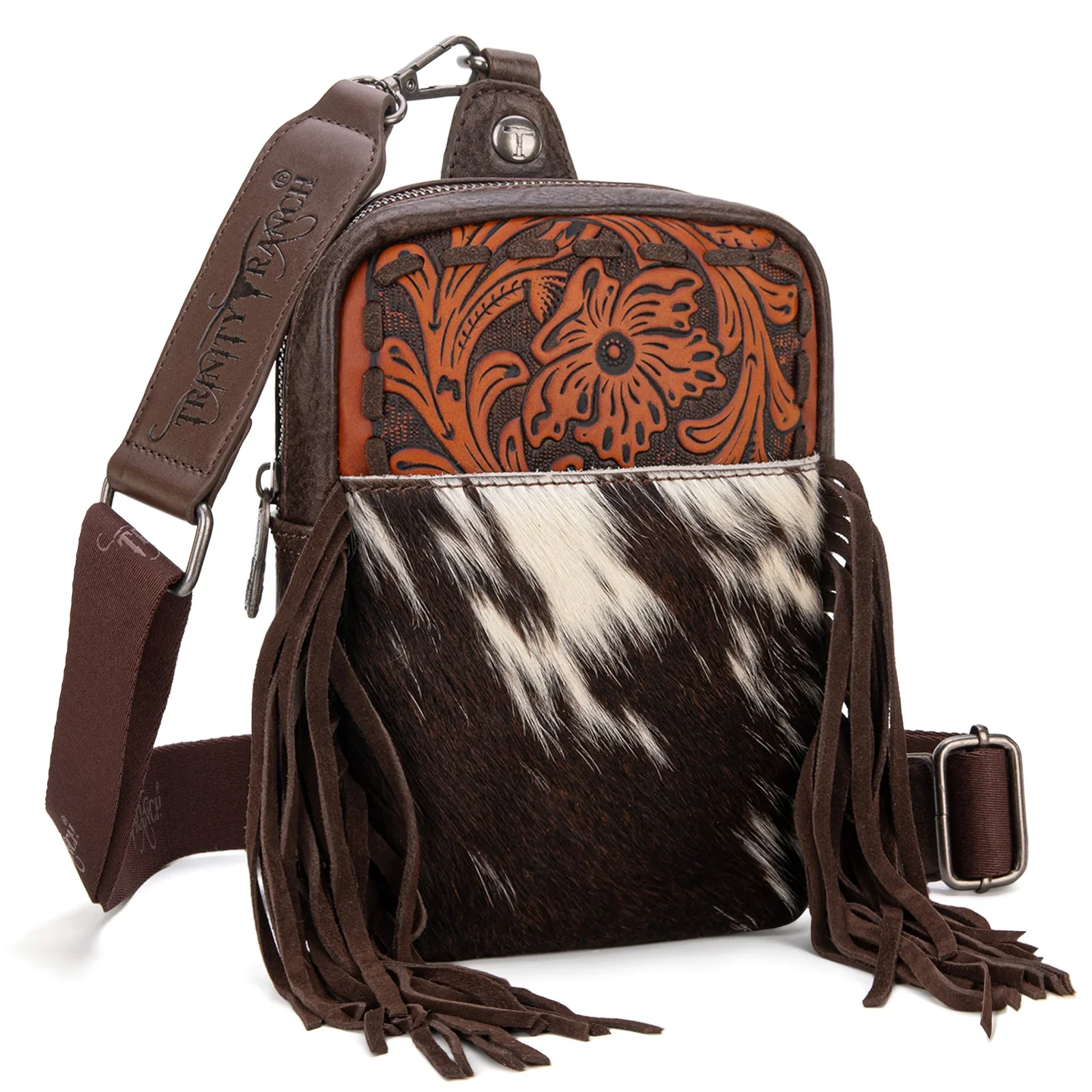 Trinity Ranch Genuine Hair On Cowhide Tooled Fringe Bag- Hot Pink - Image 4