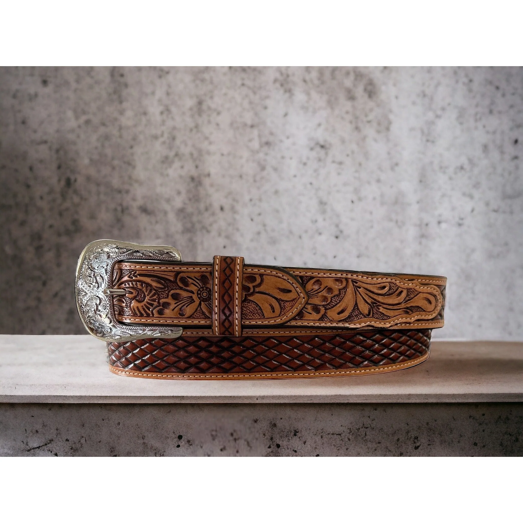 Twisted X Belt, Floral Billet, Diamond Carved Body, Two Tone
