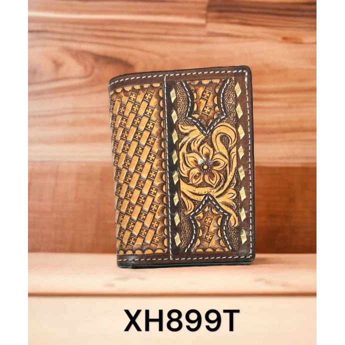 Twisted X Floral Carving Basket Tooling Rawhide Buckstitch Trifold Wallet