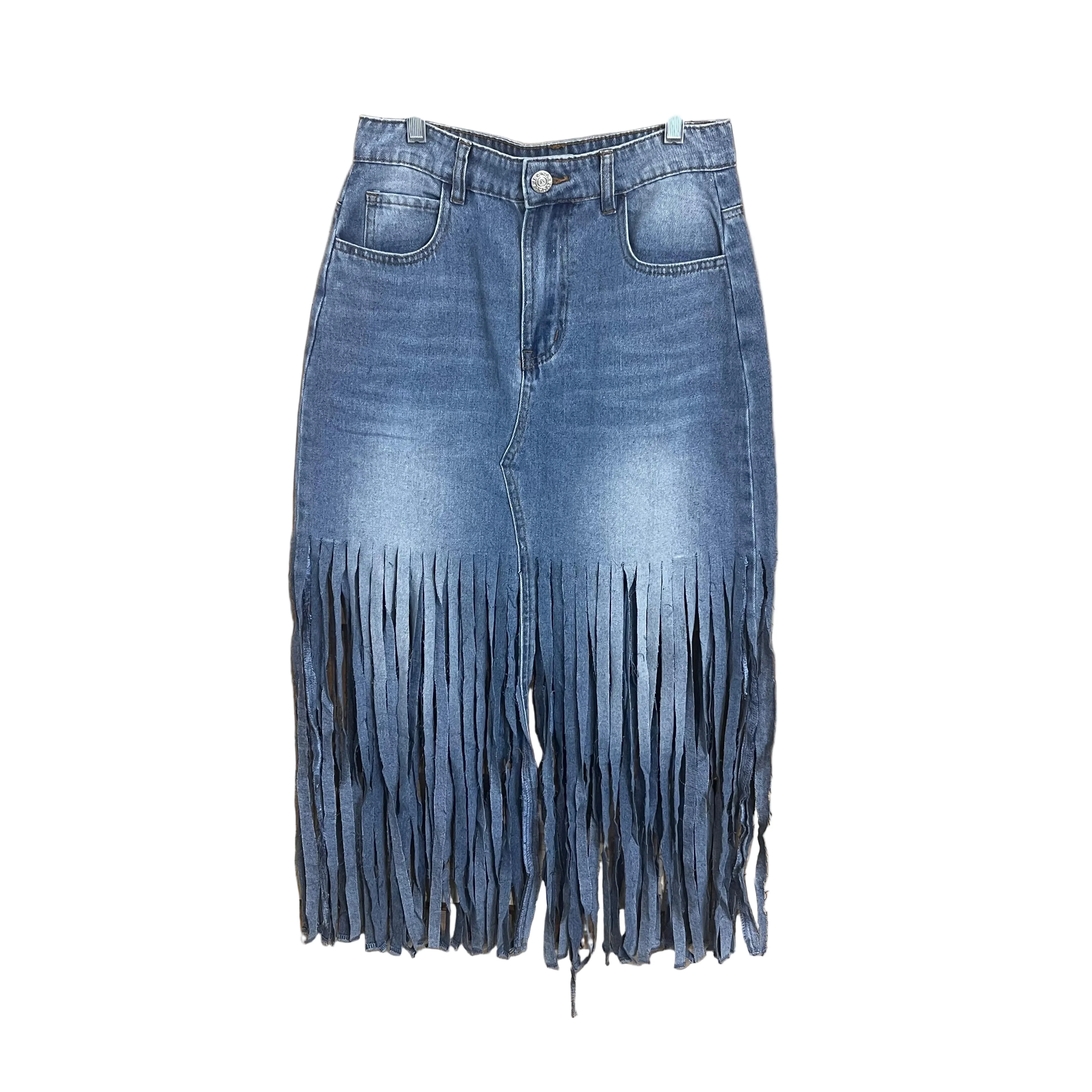 Vocal Apparel Denim Midi Skirt with Fringe - Blue