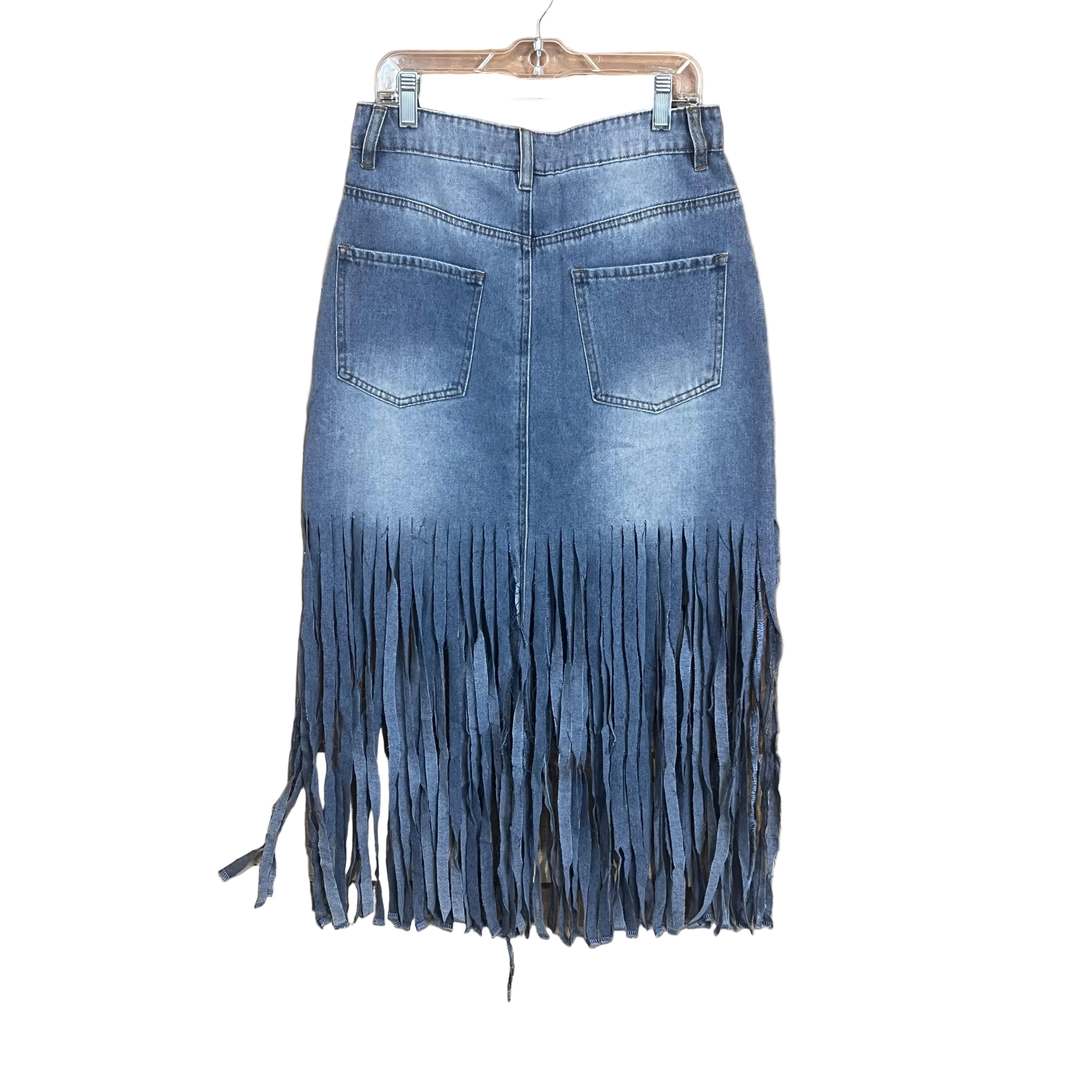 Vocal Apparel Denim Midi Skirt with Fringe - Blue - Image 2