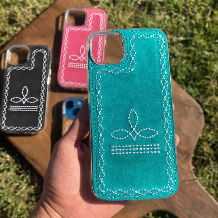Western Linens Pink Suede Leather Phone Case- Turquoise 16 Plus