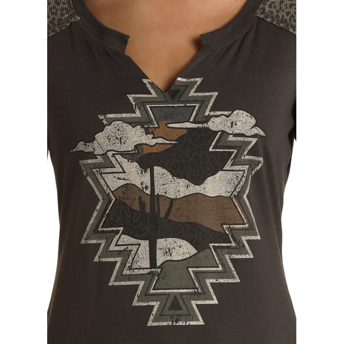 Rock & Roll Women's Split Neck Graphic Tee - Charcoal - Image 3