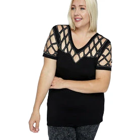 Women's Short Sleeve Top with Laser cut and Stones - Image 4