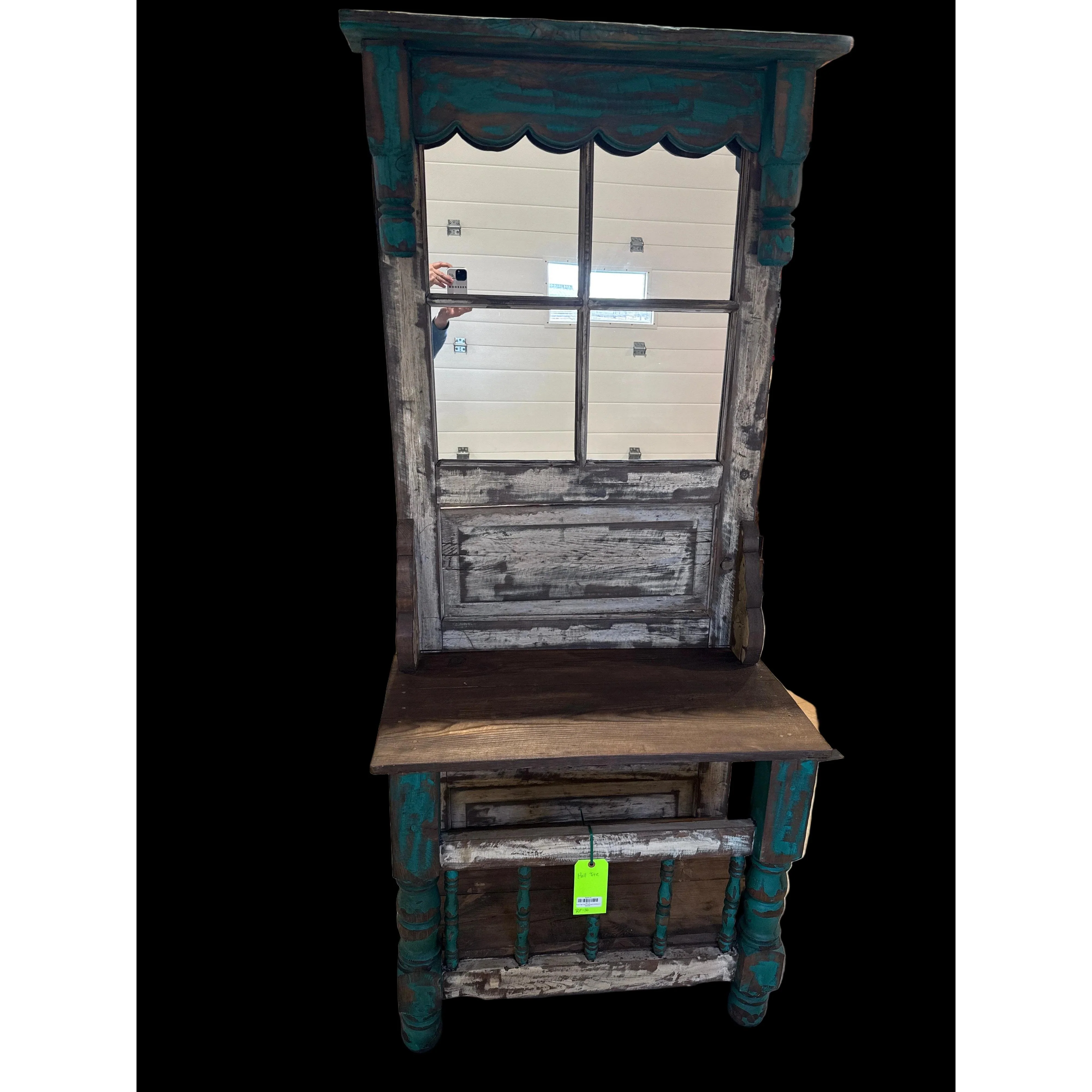 Wood Hall Tree Turquoise w/White 4 Mirrors