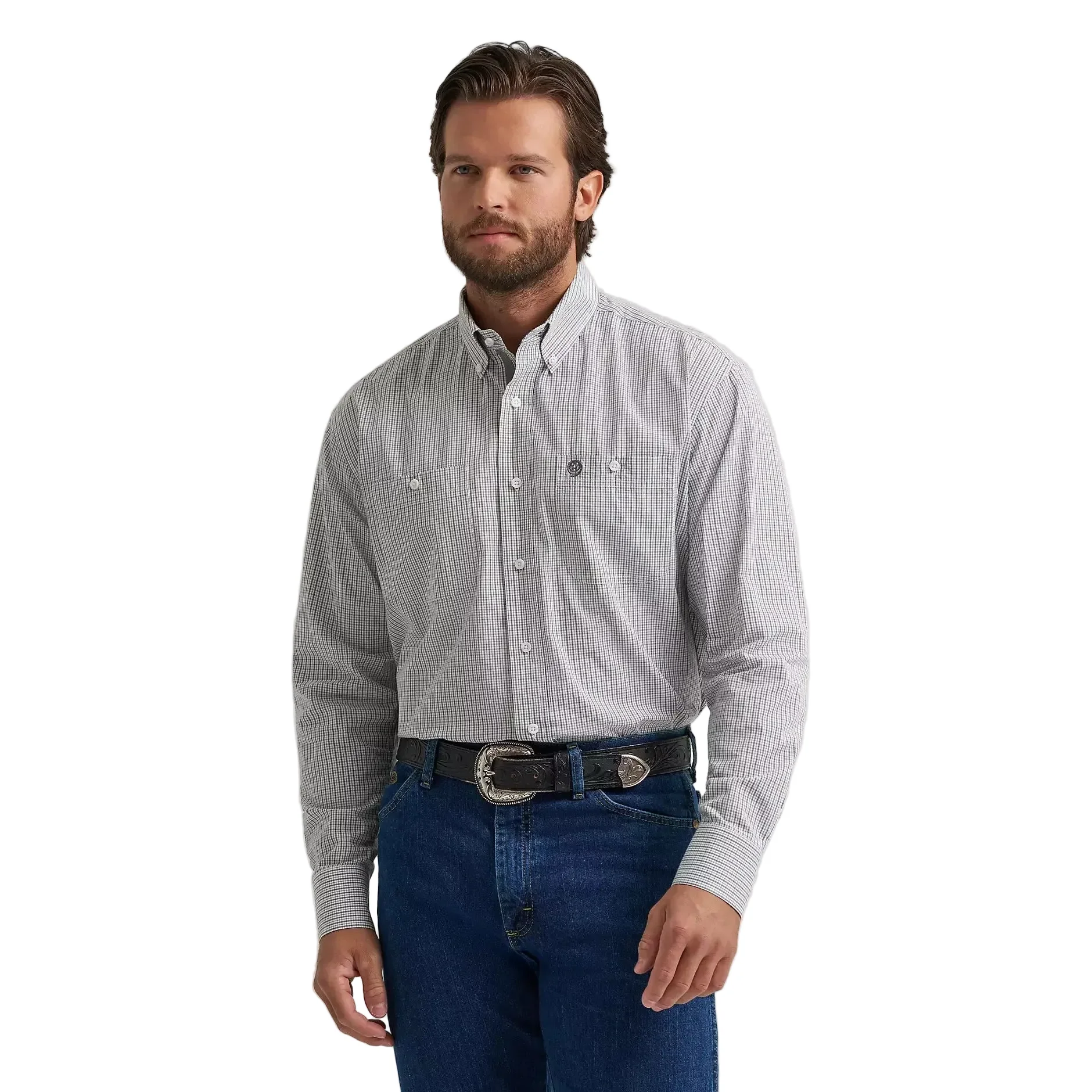 Wrangler® George Strait™ Long Sleeve Button Down 2 Pocket Shirt - Charcoal Madras