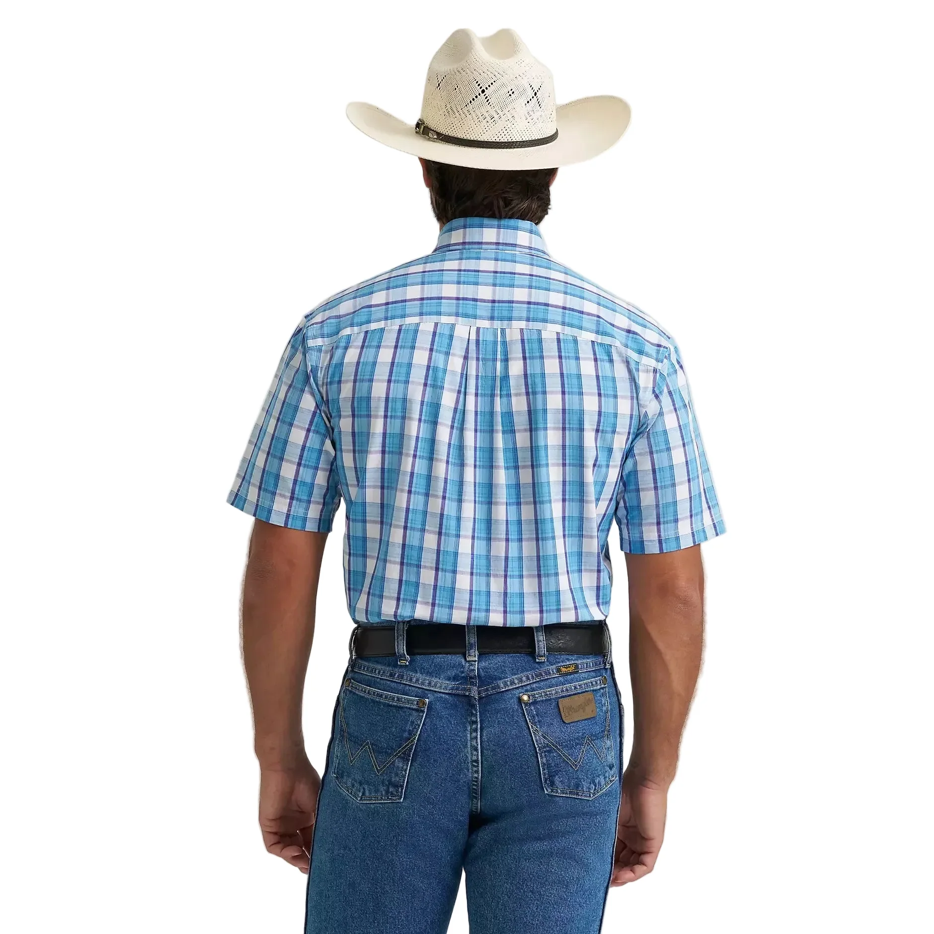 Wrangler® George Strait™ Short Sleeve One Pocket Button Down Shirt - Big Blue Plaid - Image 2