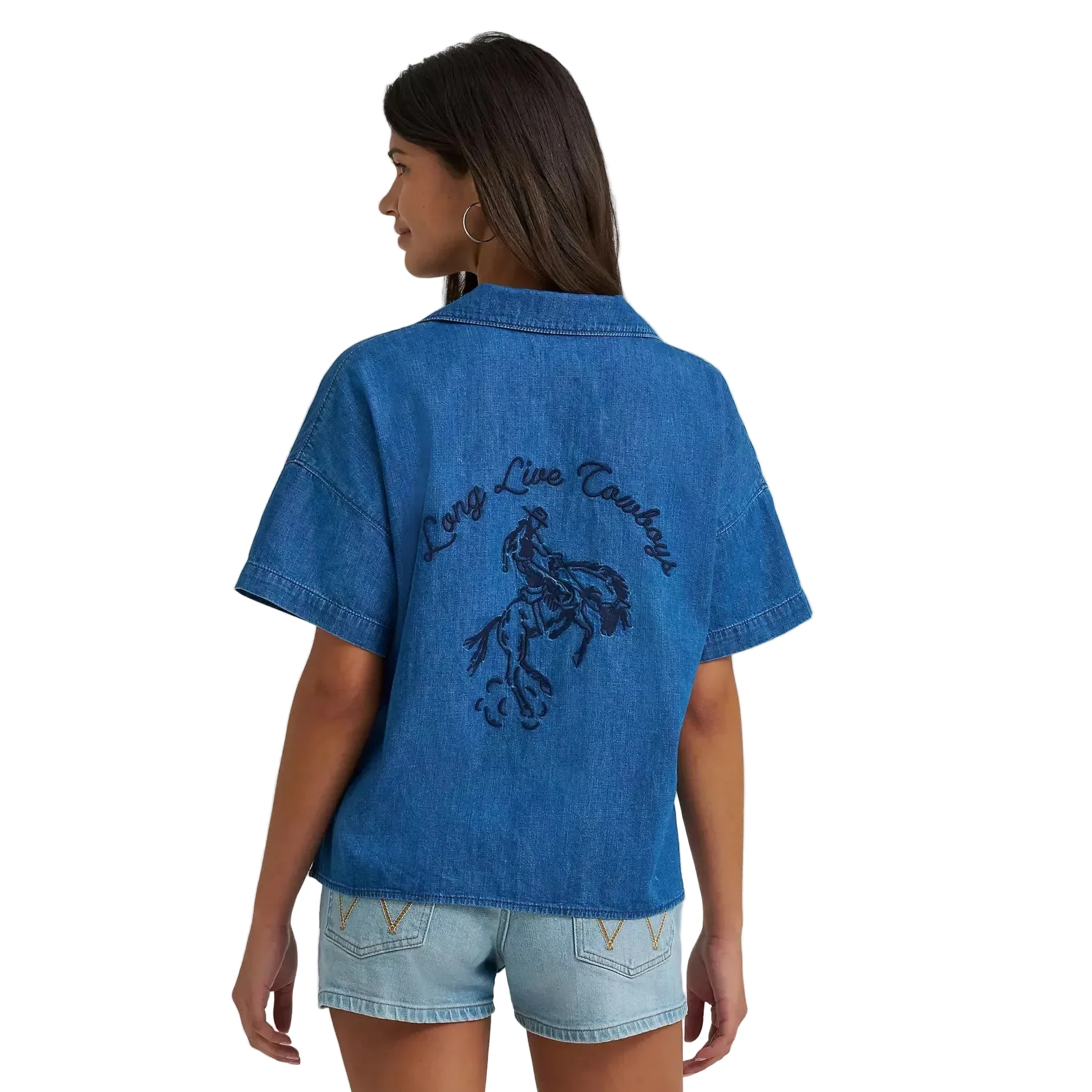 Wrangler® Women's Embroidered Denim Short Sleeve Camp Shirt - Mid Denim - Image 2