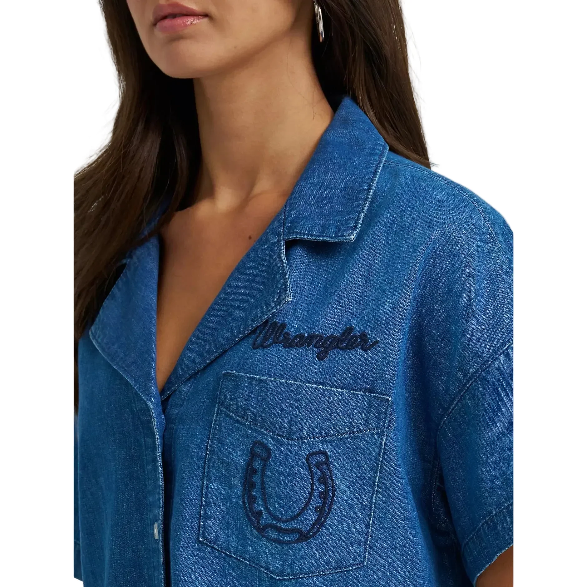 Wrangler® Women's Embroidered Denim Short Sleeve Camp Shirt - Mid Denim - Image 3