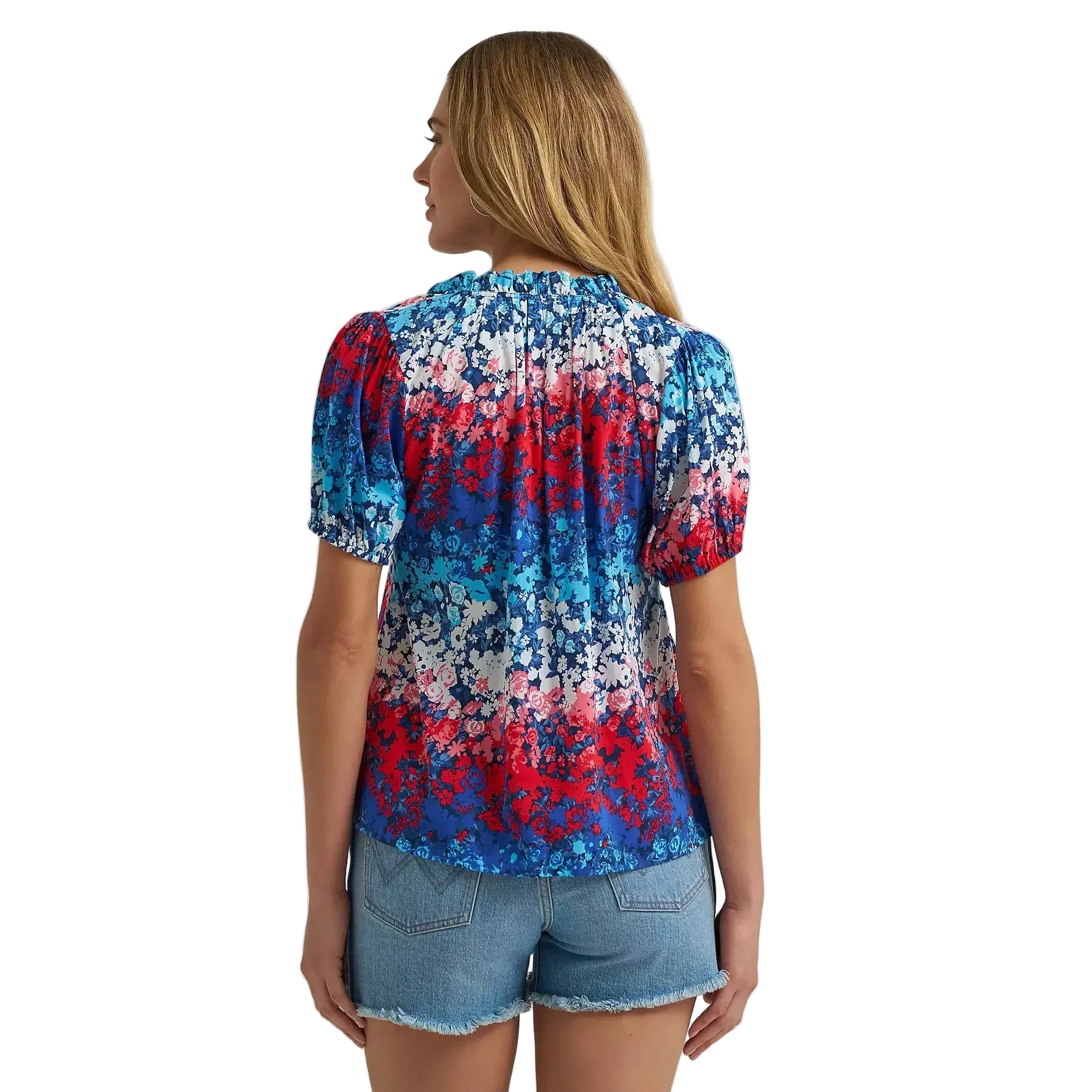Wrangler® Women's Puff Sleeve Floral Mini Button Blouse - Blue - Image 2