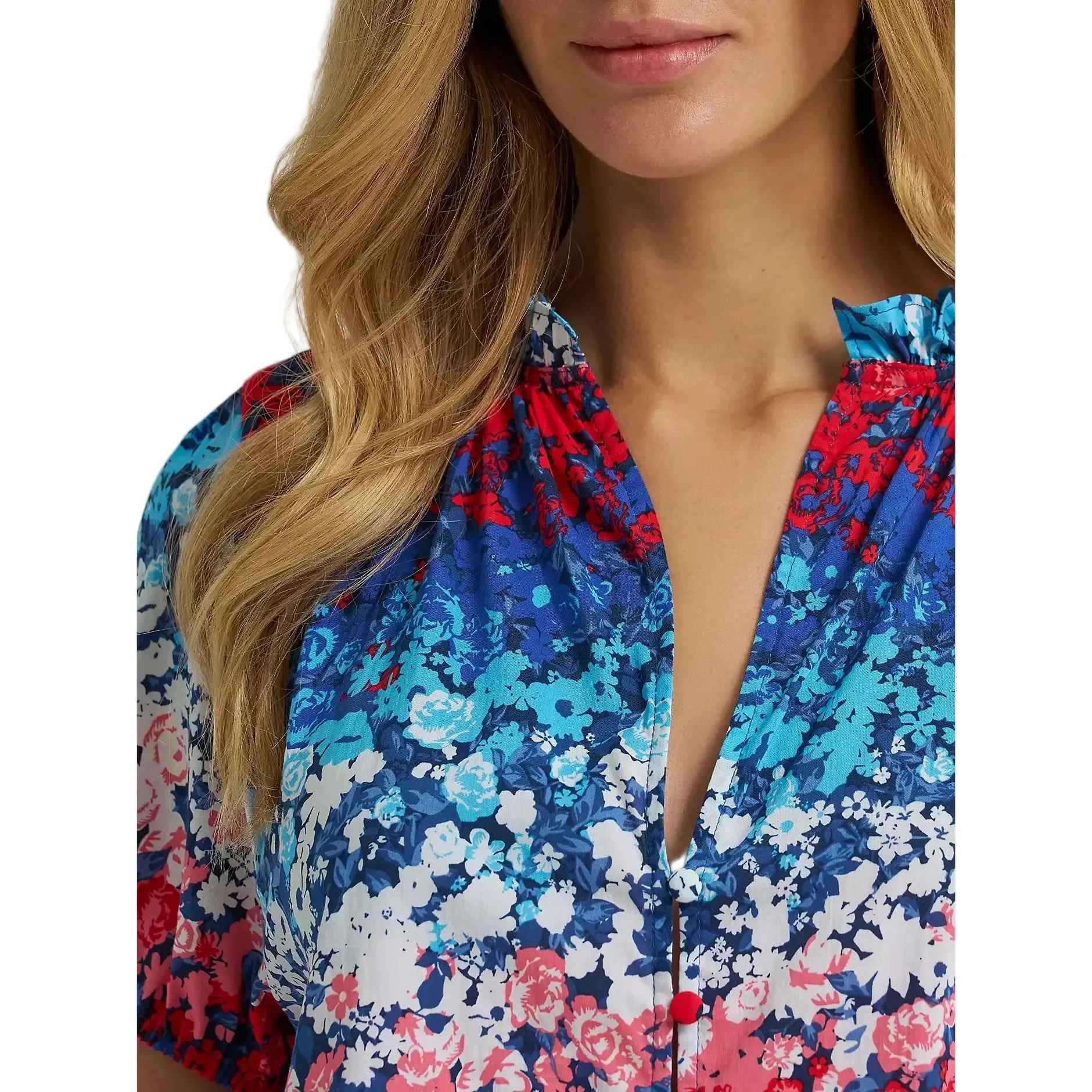 Wrangler® Women's Puff Sleeve Floral Mini Button Blouse - Blue - Image 3