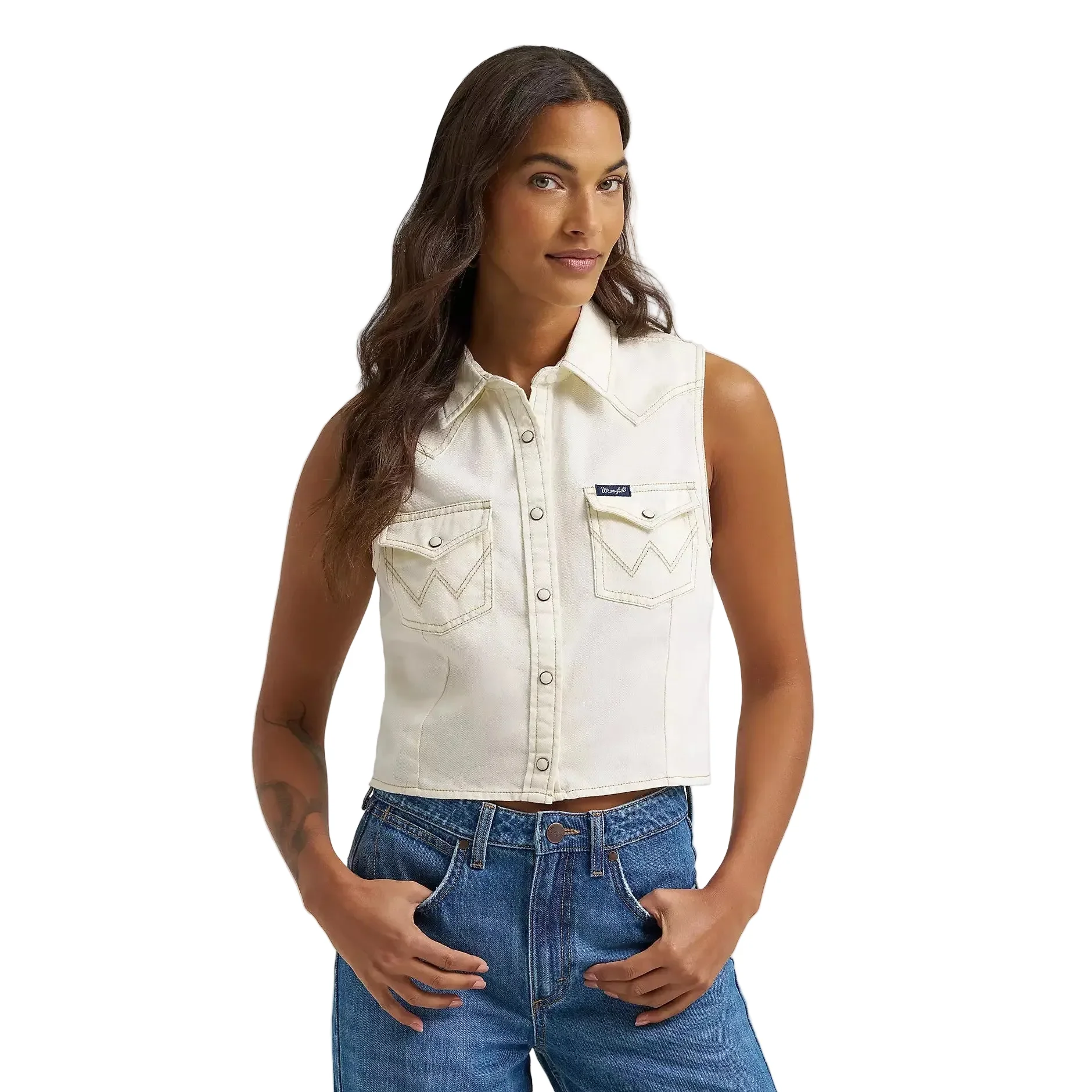 Wrangler® Women's Sleeveless Denim Snap Shirt - Off White