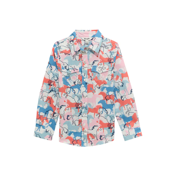 Wrangler Girl's Long Sleeve Western Horse Shirt- Multi