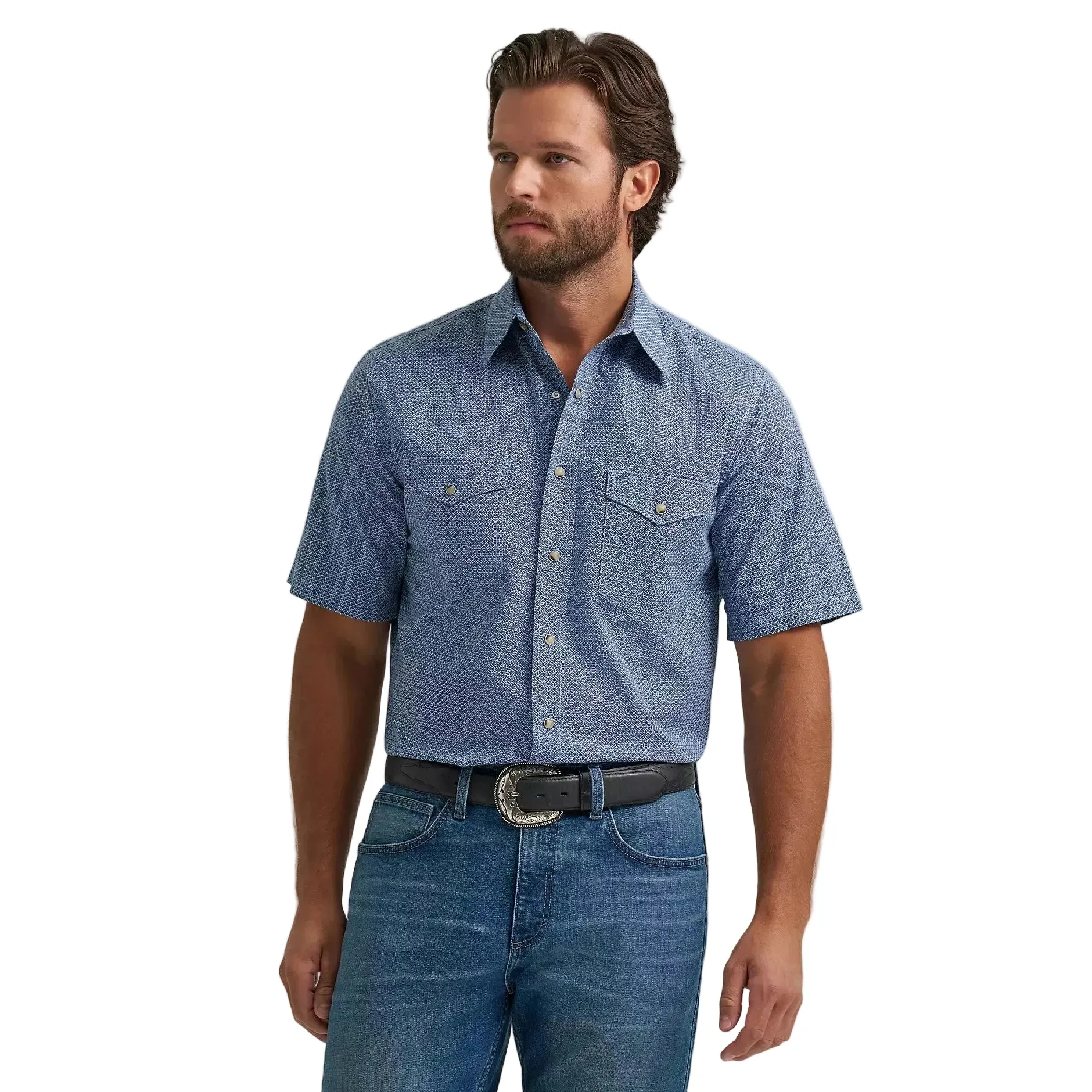 Wrangler Men's 20X®  Competiton Short Sleeve Western Snap Shirt - Navy Geo