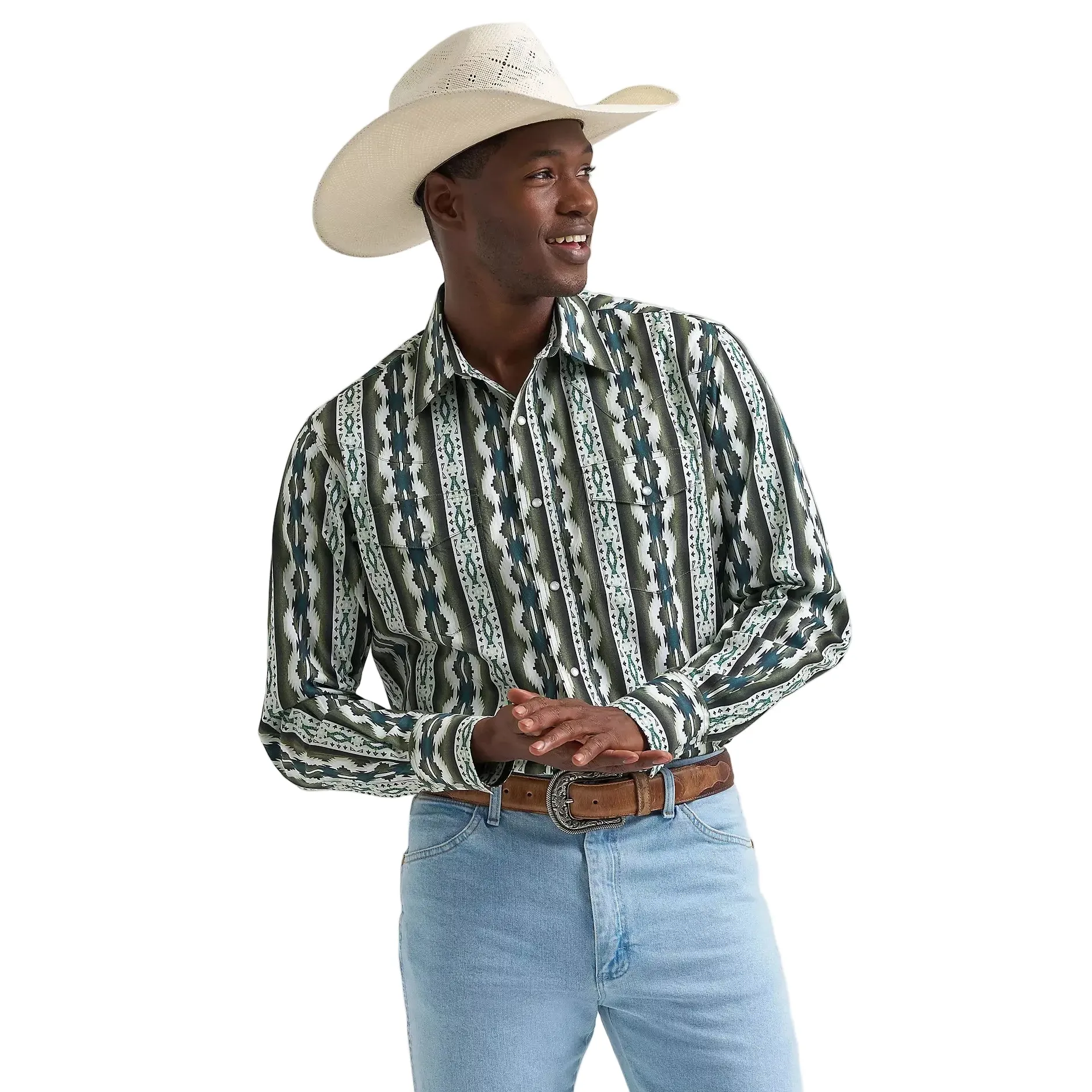 Wrangler Men's Checotah® Long Sleeve Western Snap Printed Shirt - Olivine