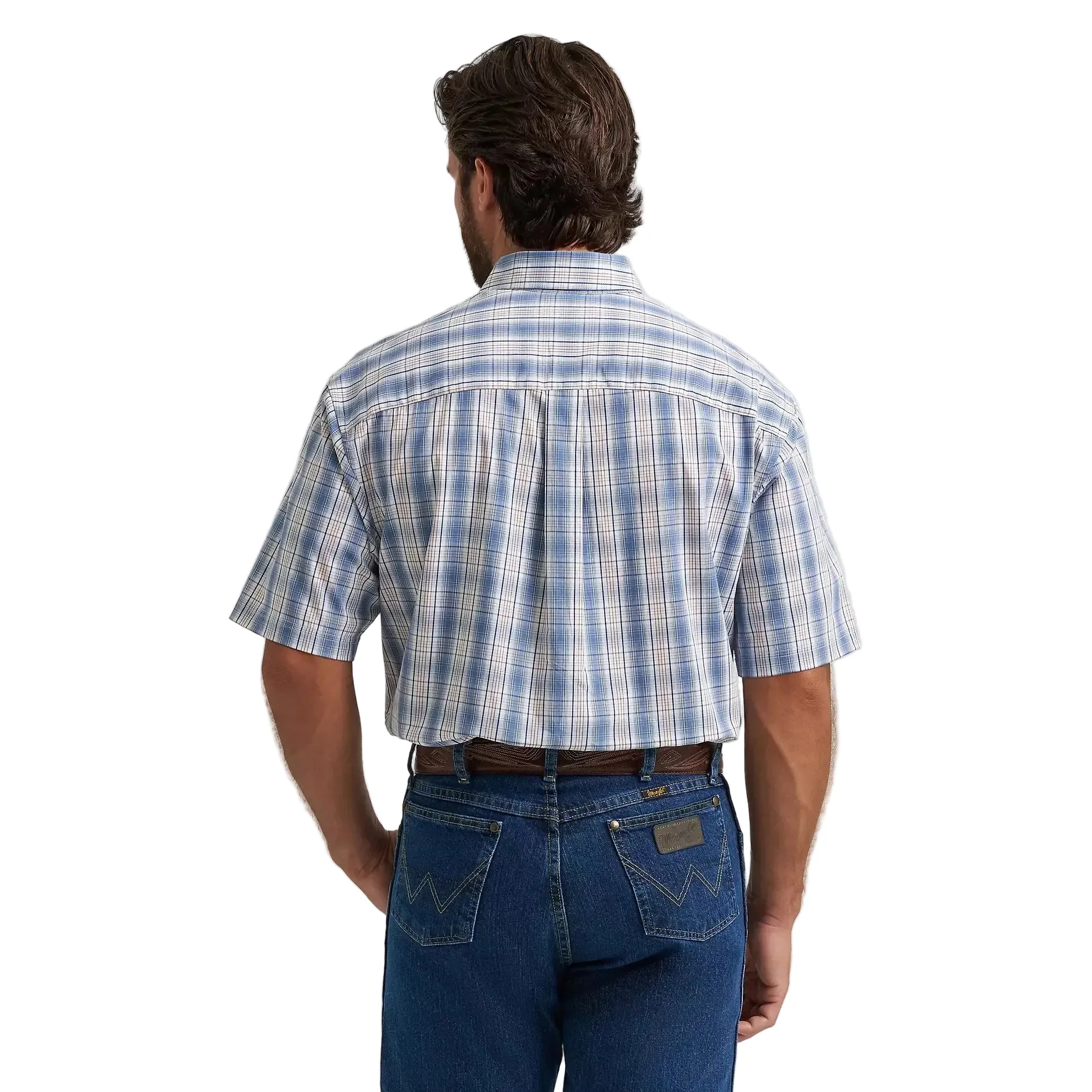 Wrangler Men's George Strait 1 Pocket Short Sleeve Shirt - Blue Steel Plaid - Image 2
