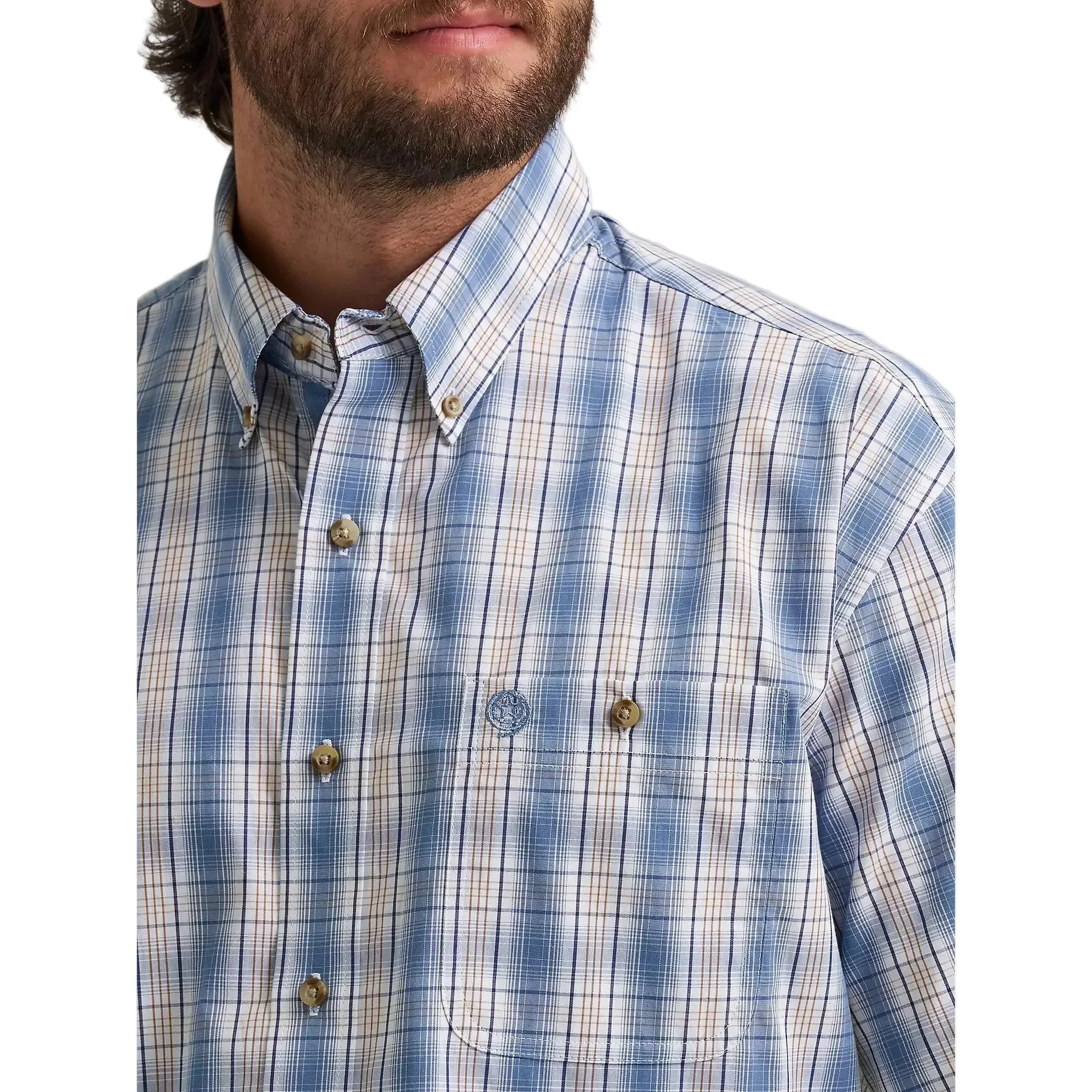 Wrangler Men's George Strait 1 Pocket Short Sleeve Shirt - Blue Steel Plaid - Image 3