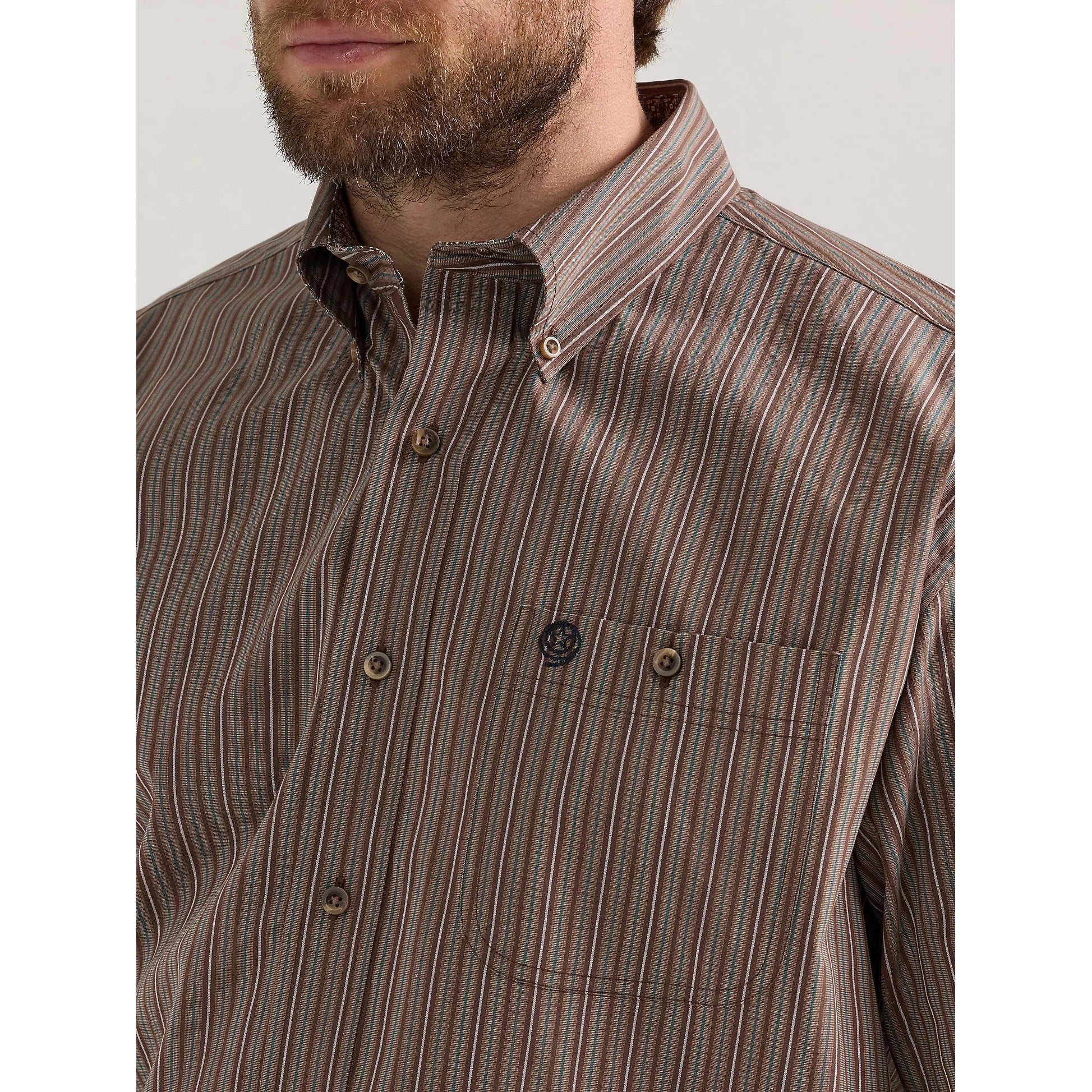 Wrangler Men's George Strait Button Down Long Sleeve Shirt - Brown Cliff Stripe - Image 3