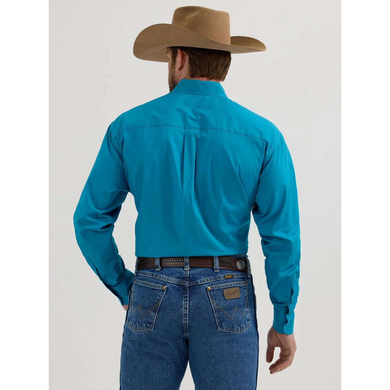 Wrangler Men's George Strait Long Sleeve 2 Pocket Shirt - Solid Teal - Image 2