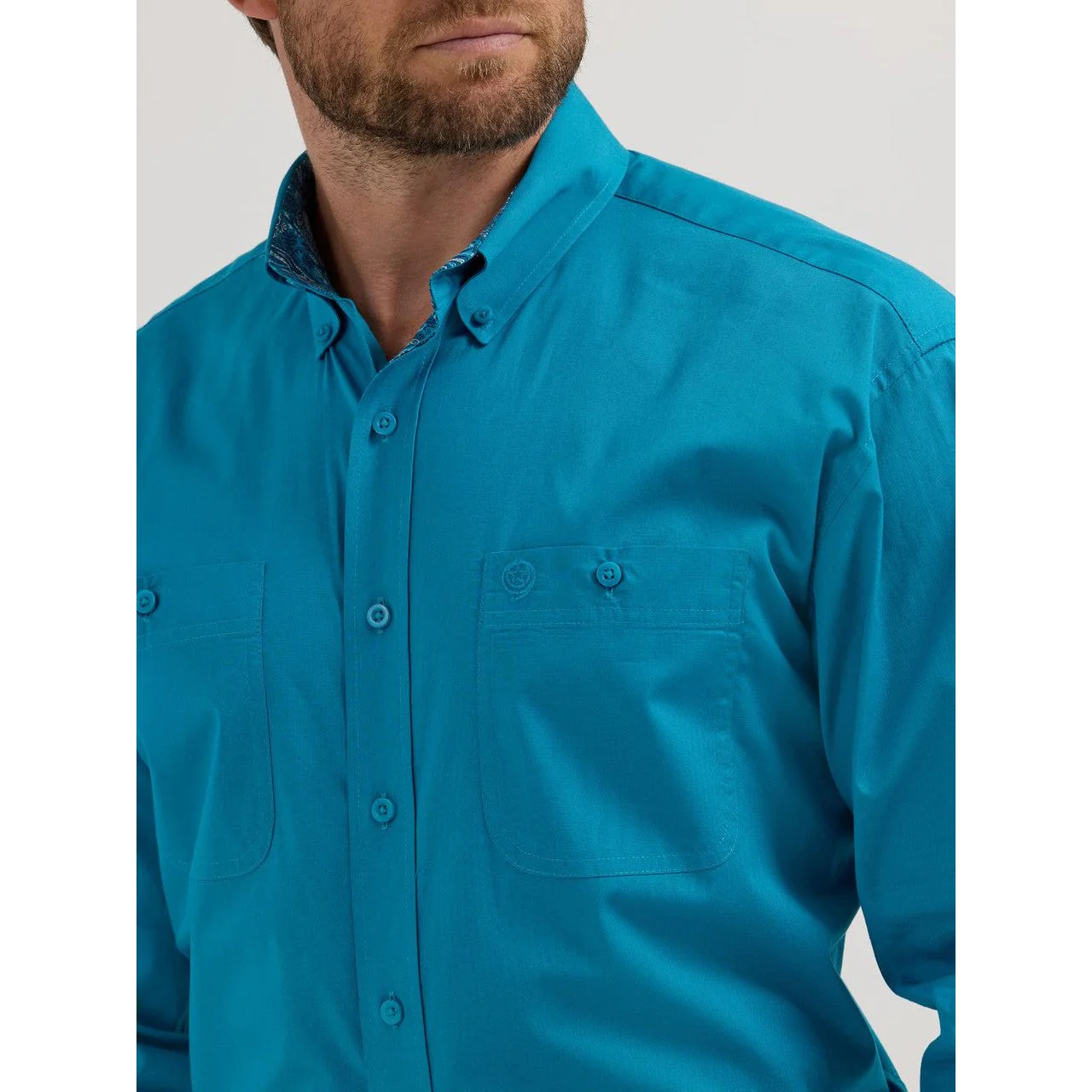 Wrangler Men's George Strait Long Sleeve 2 Pocket Shirt - Solid Teal - Image 3