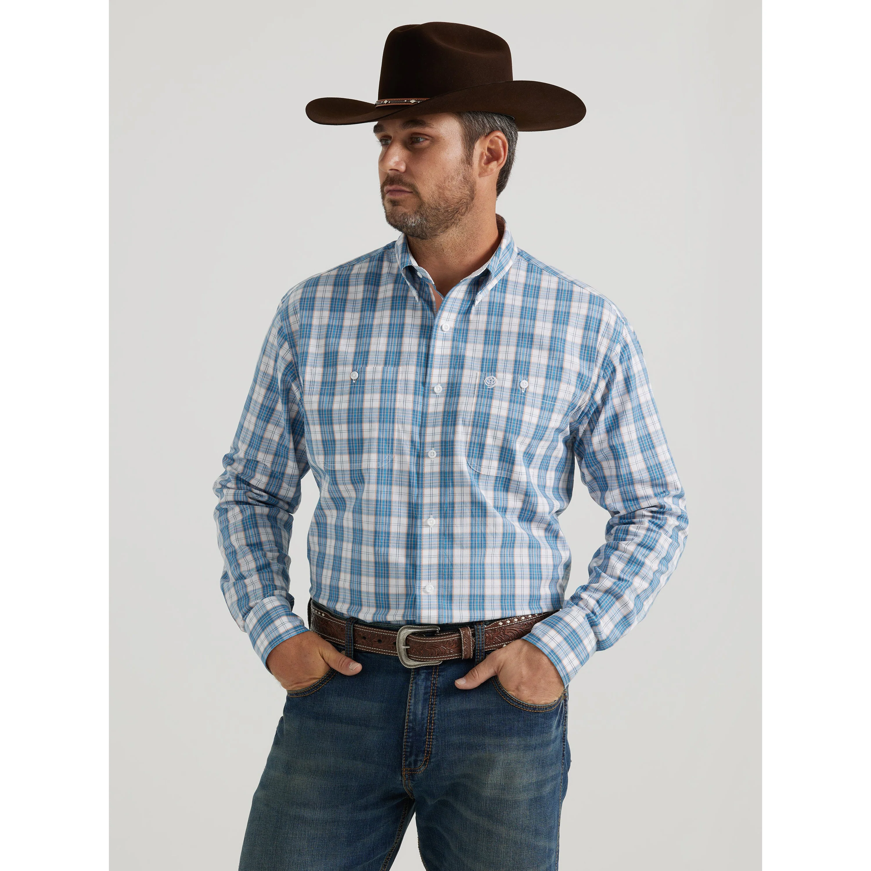 Wrangler Men's George Strait Long Sleeve Plaid Shirt - Blue