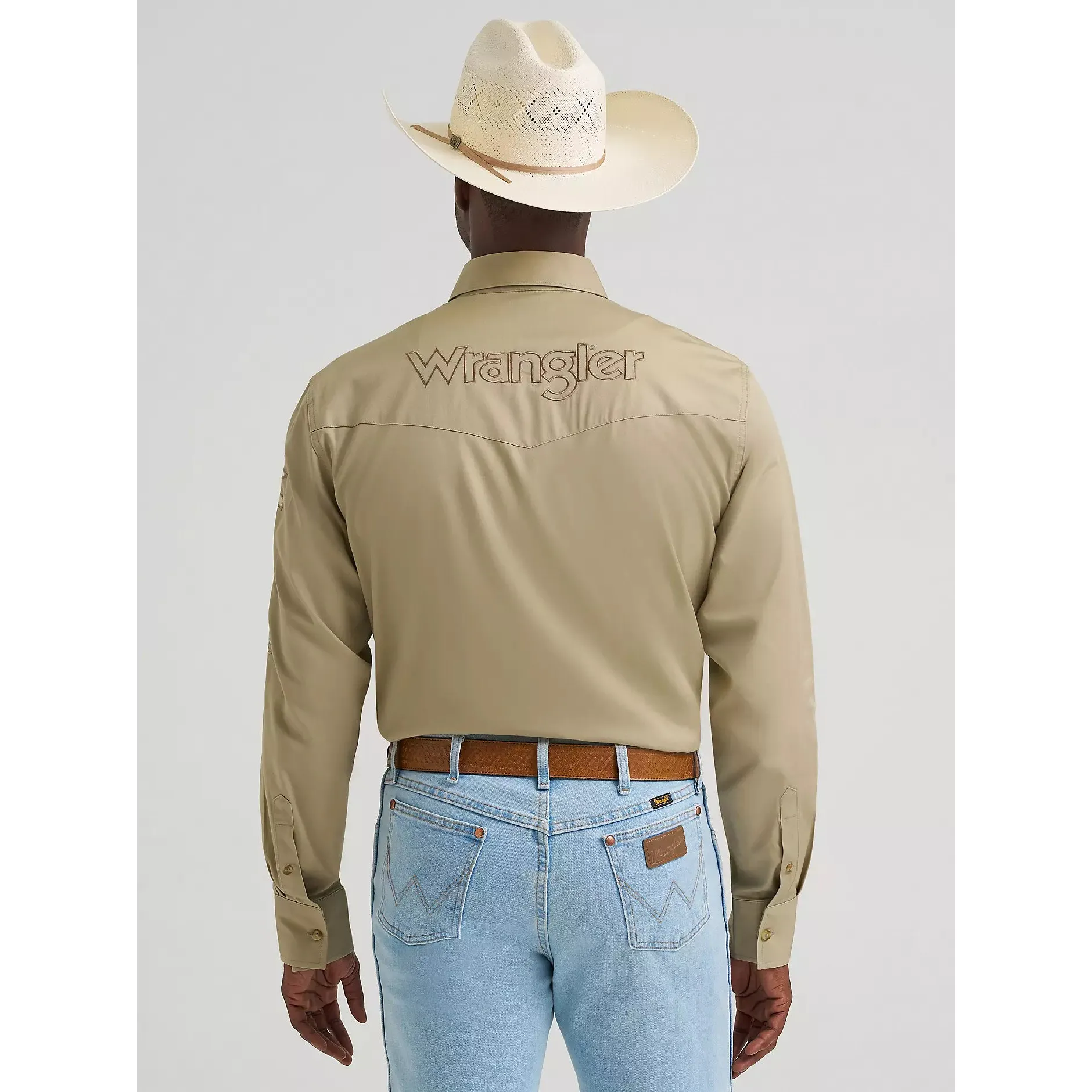 Wrangler Men's Logo Long Sleeve Button Down Solid Shirt - Khaki - Image 2