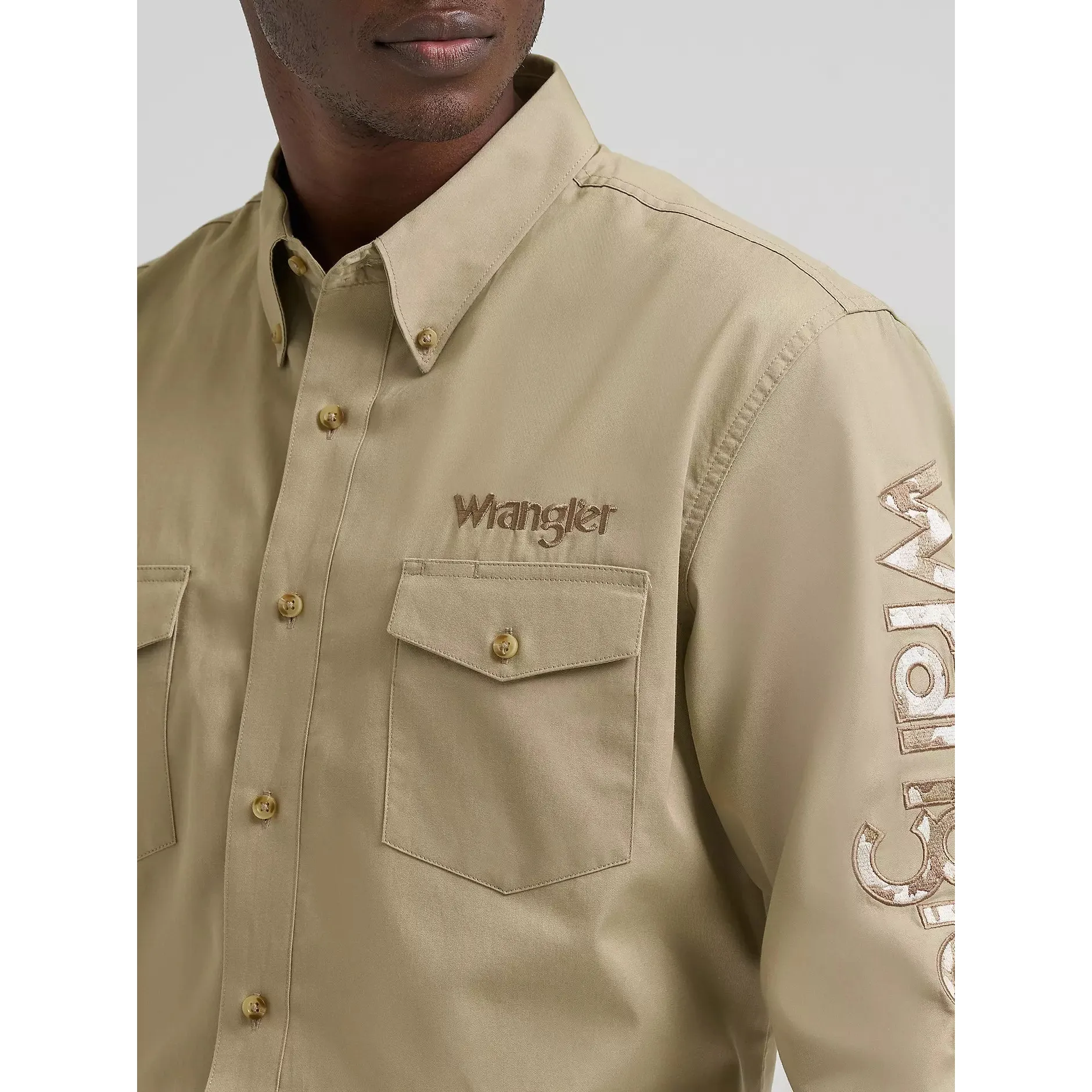 Wrangler Men's Logo Long Sleeve Button Down Solid Shirt - Khaki - Image 3