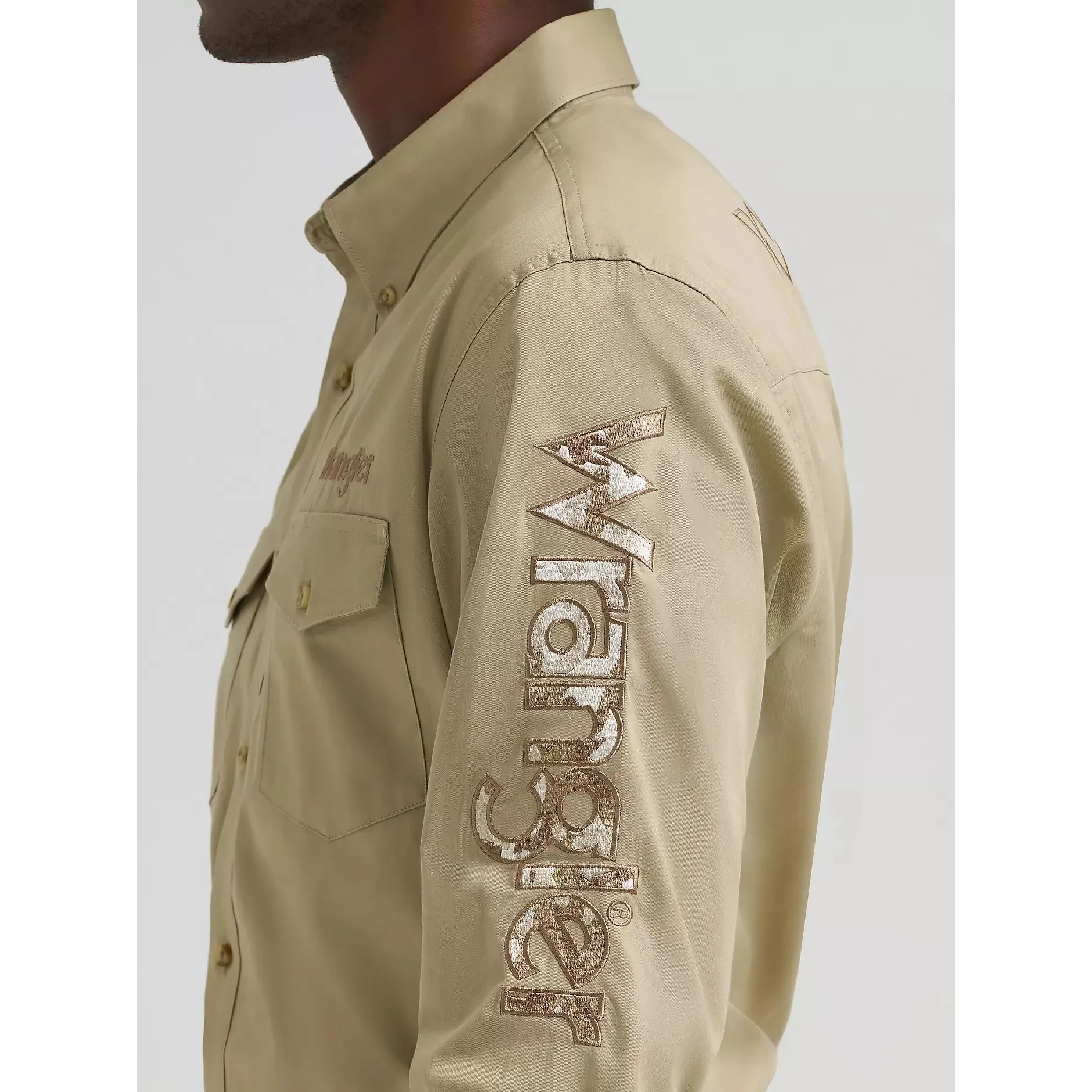Wrangler Men's Logo Long Sleeve Button Down Solid Shirt - Khaki - Image 4