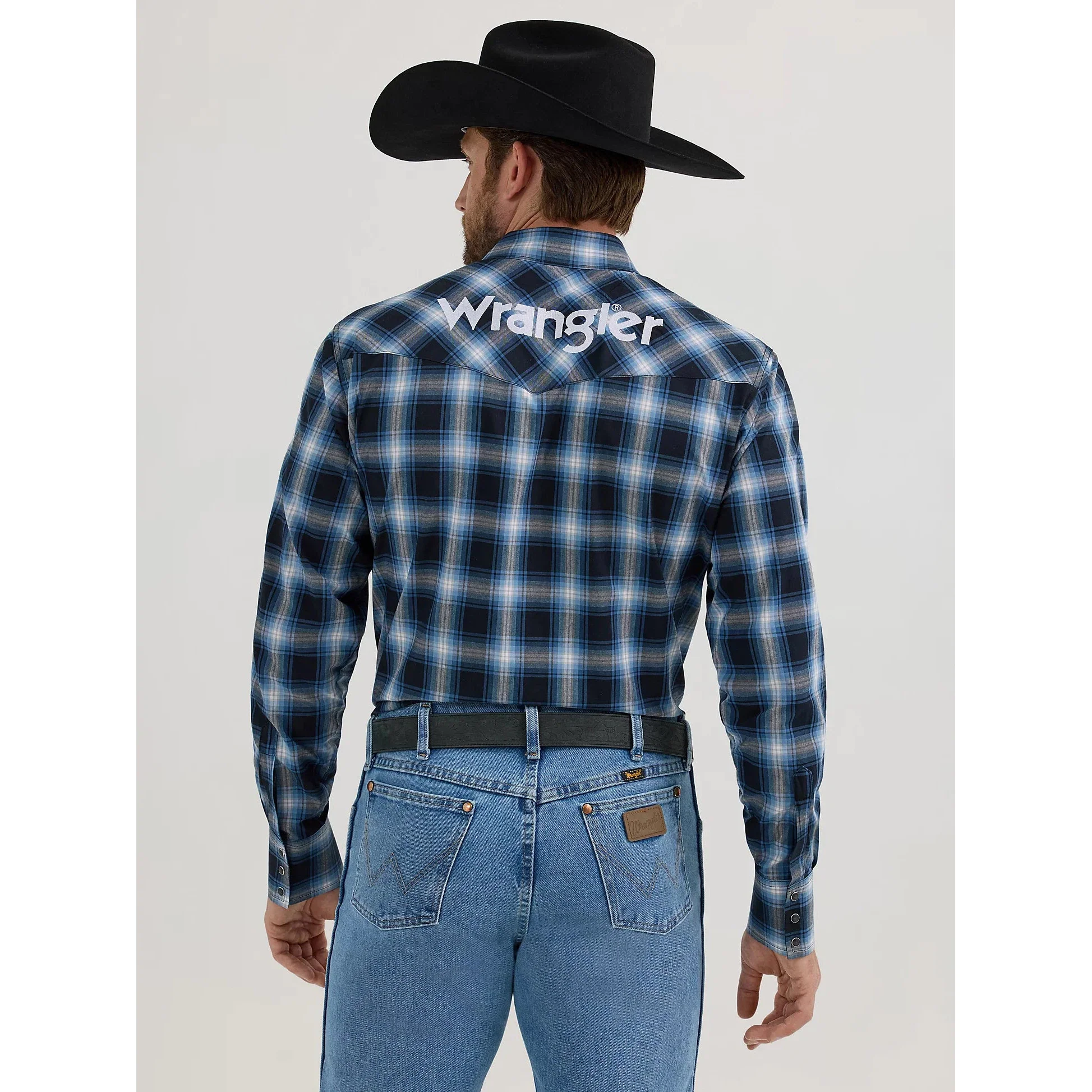 Wrangler Men's Long Sleeve Plaid Western Shirt- Black Ocean - Image 2