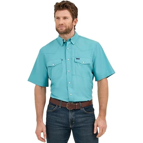 Wrangler Men's Performance Classic Fit Short Sleeve Shirt- Turquoise