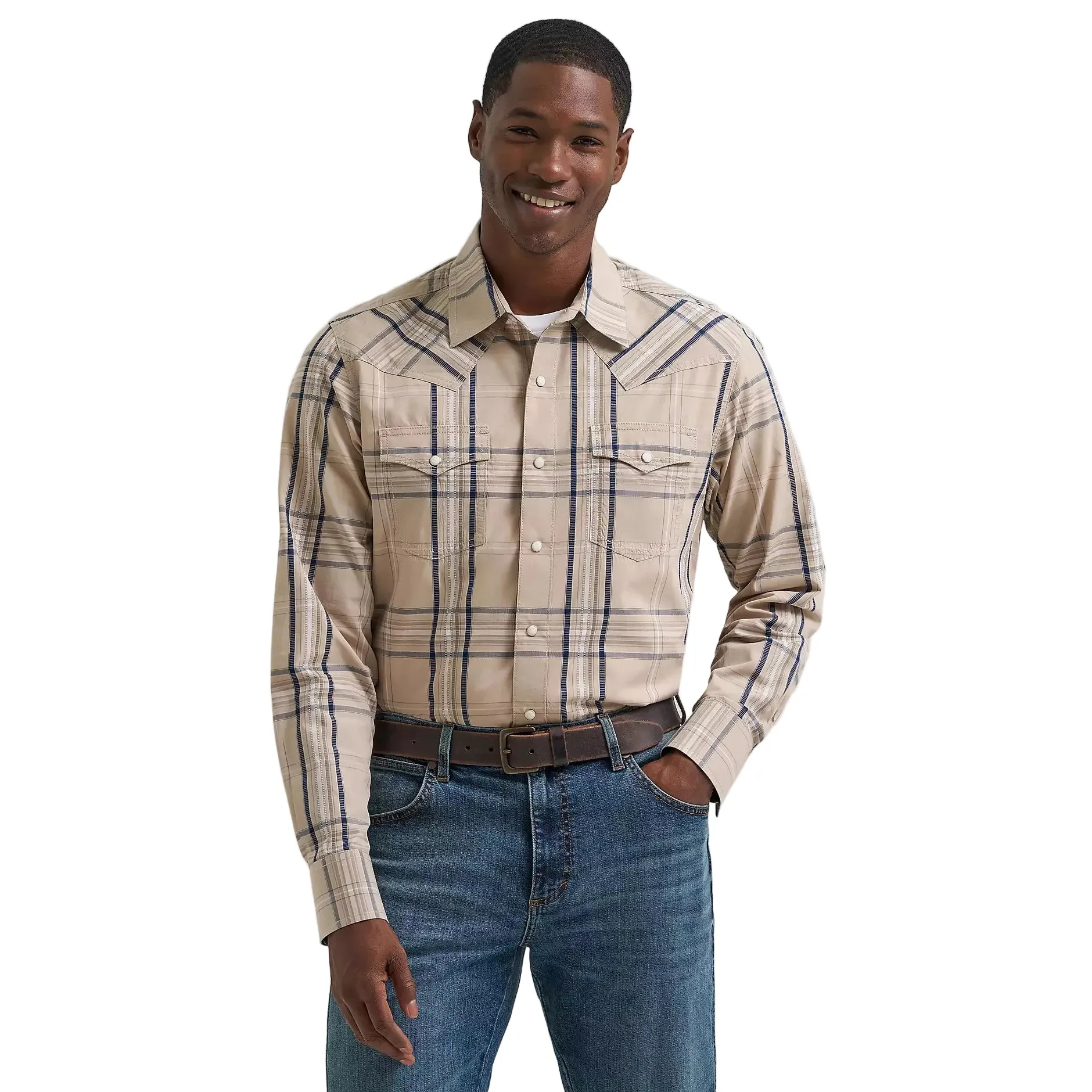 Wrangler Men's Retro® Premium Long Sleeve Western Plaid Snap Shirt - Tan Plaid