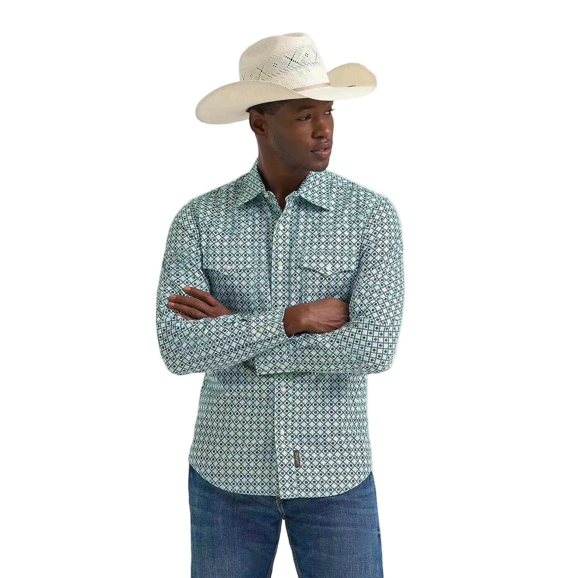 Wrangler Men's Retro® Premium Long Sleeve Western Snap Printed Shirt - Turquoise Diamond