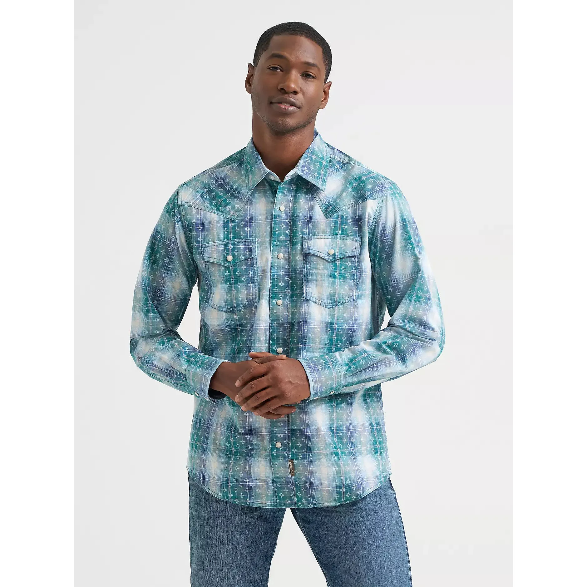 Wrangler Men's Retro Premium Long Sleeve Snap Shirt - Pebble Blue - Image 3