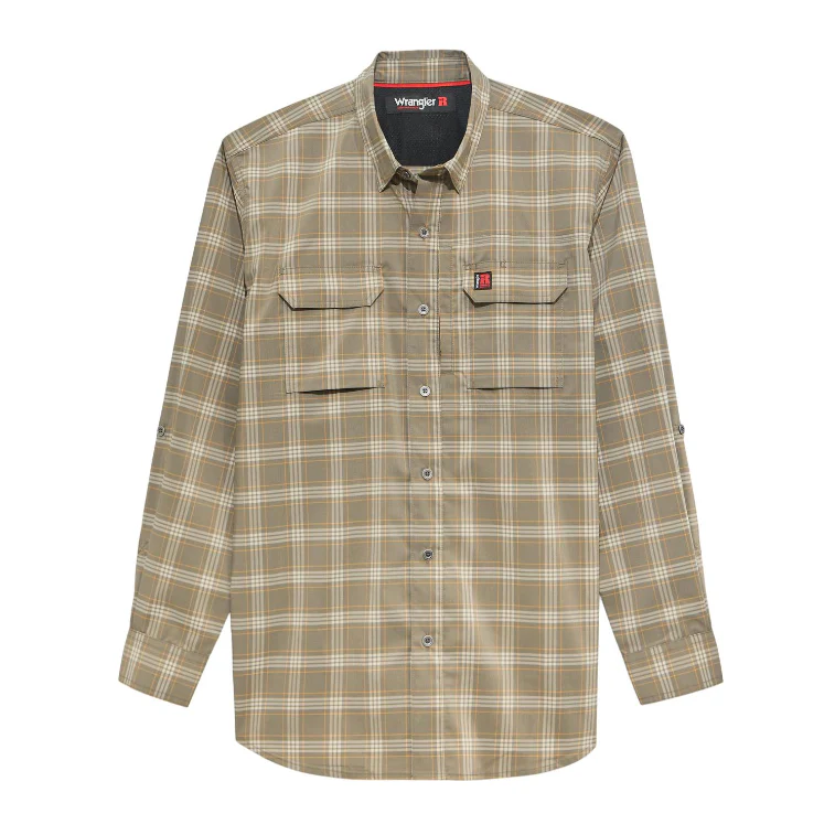 Wrangler Men's Riggs Technical All Season Work Shirt- Dark Khaki Plaid
