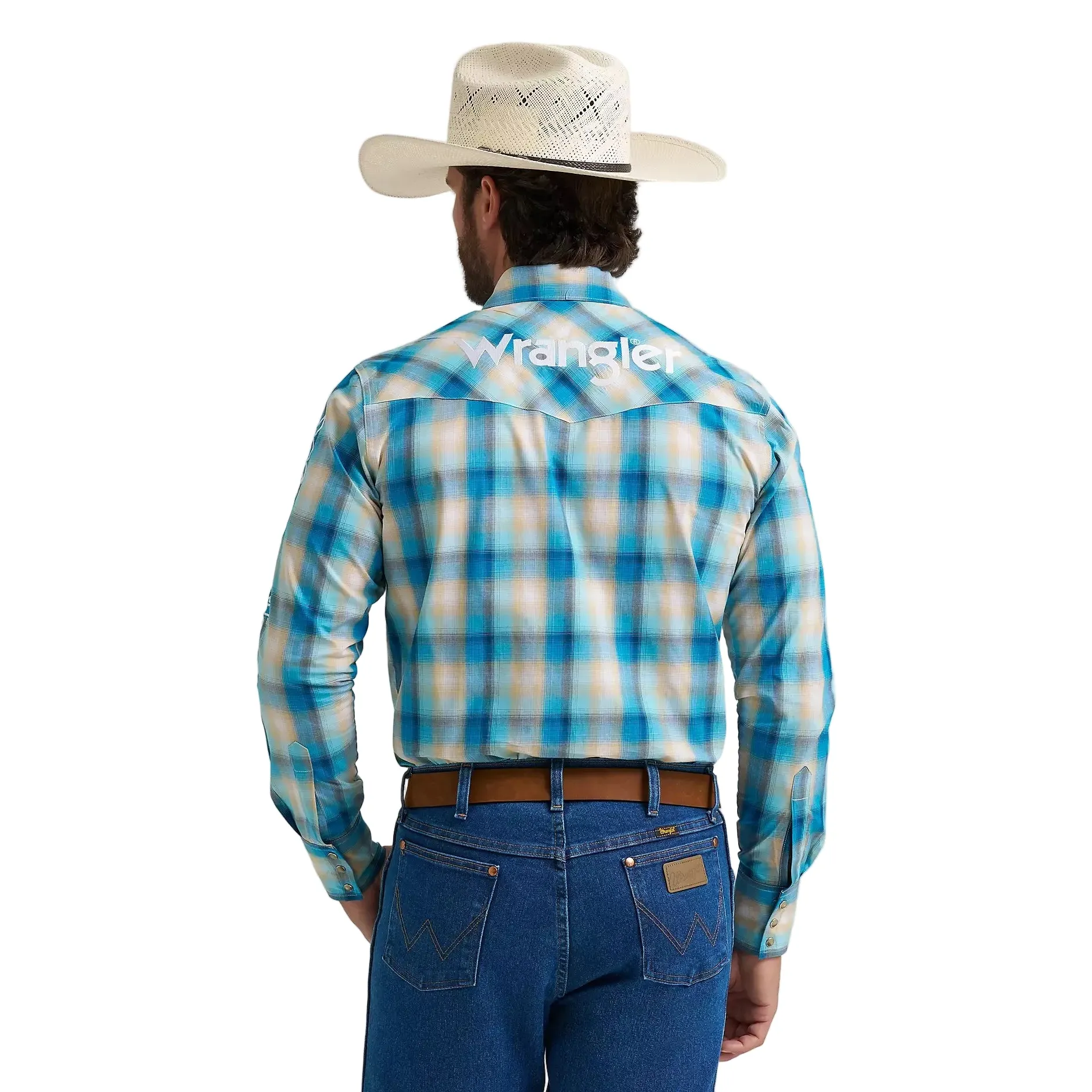 Wrangler® Men's Logo Long Sleeve Western Snap Shirt - Turquoise Madras - Image 2