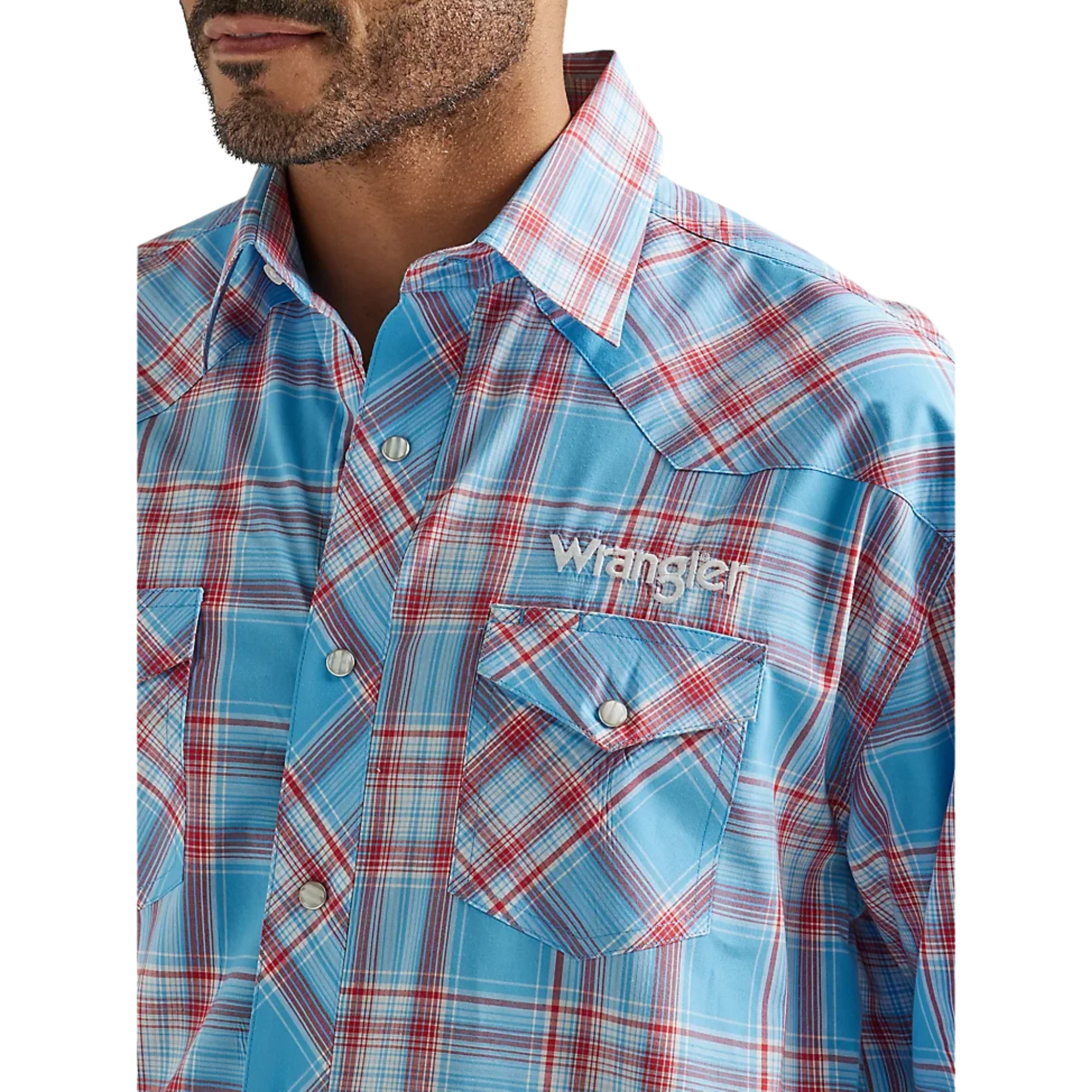 Wrangler Men's Logo Long Sleeve Western Snap Plaid Shirt - Sunny Blue - Image 3