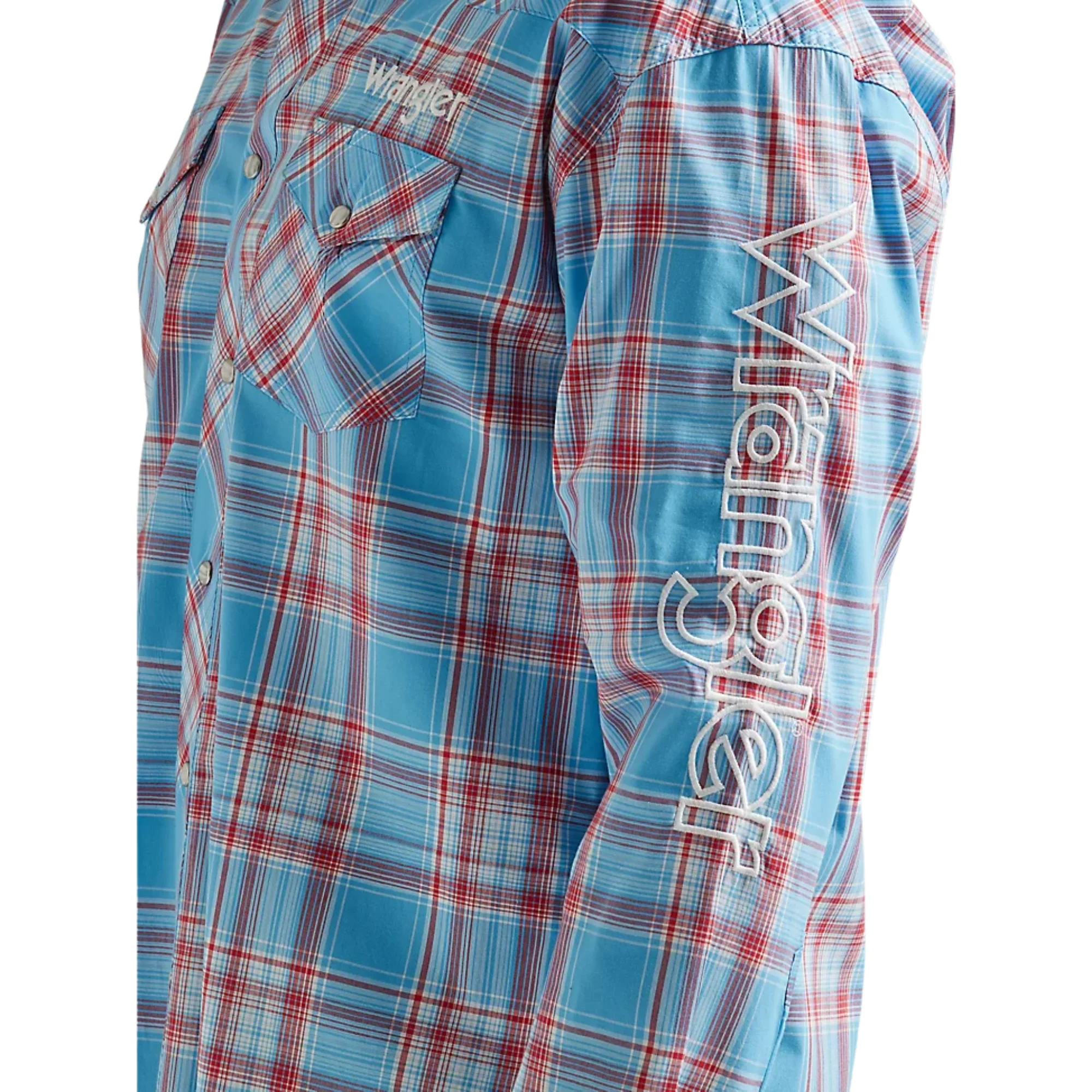 Wrangler Men's Logo Long Sleeve Western Snap Plaid Shirt - Sunny Blue - Image 4