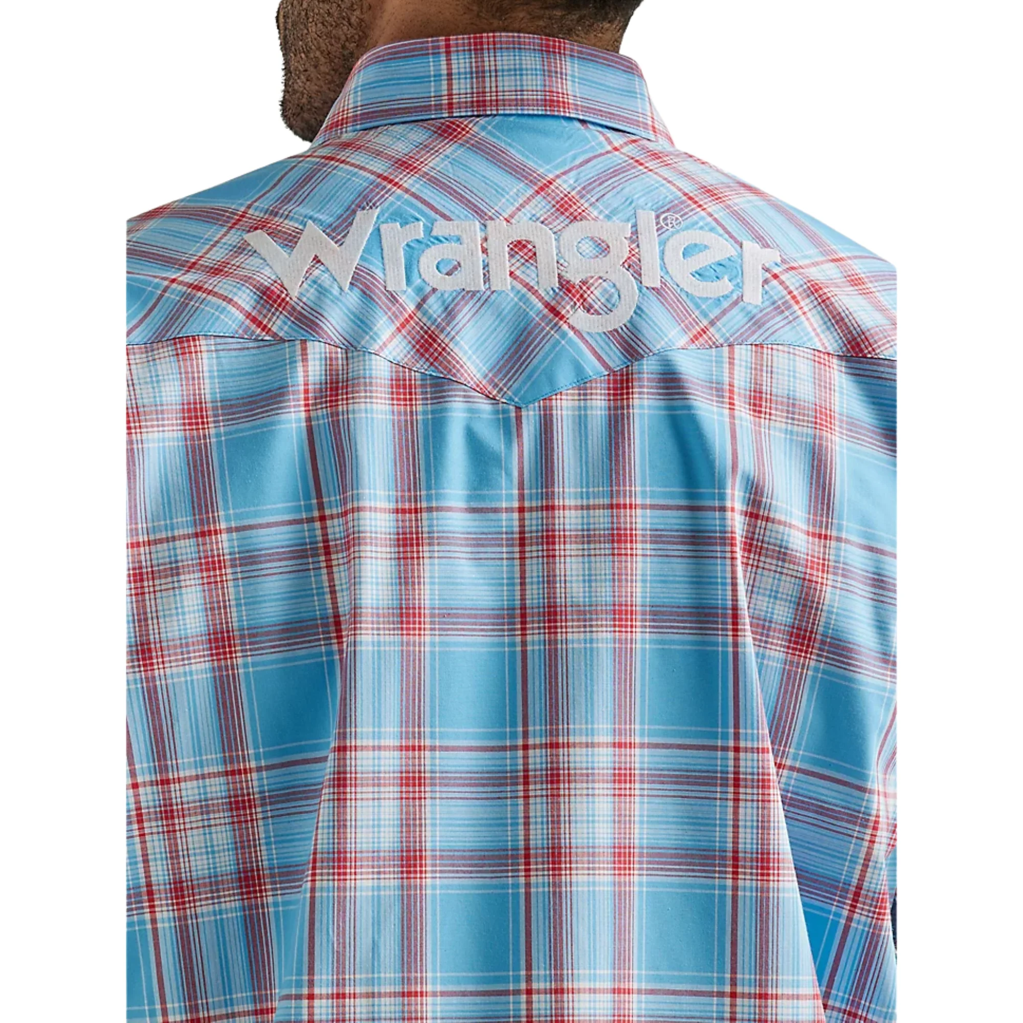 Wrangler Men's Logo Long Sleeve Western Snap Plaid Shirt - Sunny Blue - Image 5
