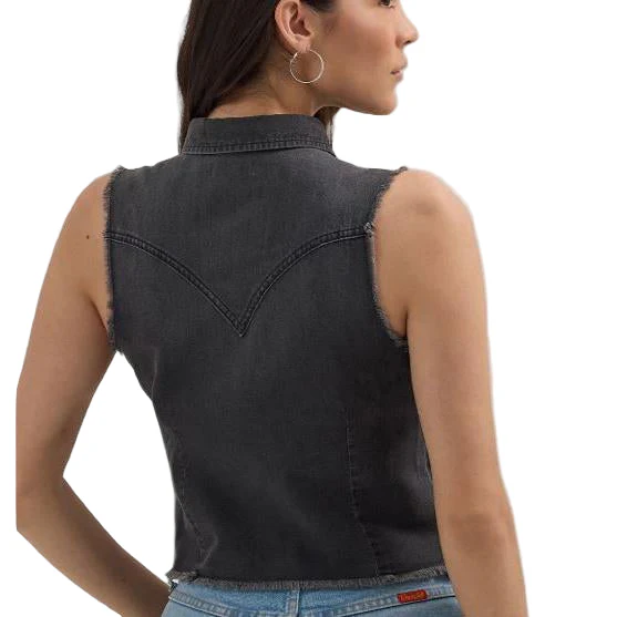 Wrangler West Women's Sleeveless Denim Snap Cut Off Crop Top- Black - Image 2