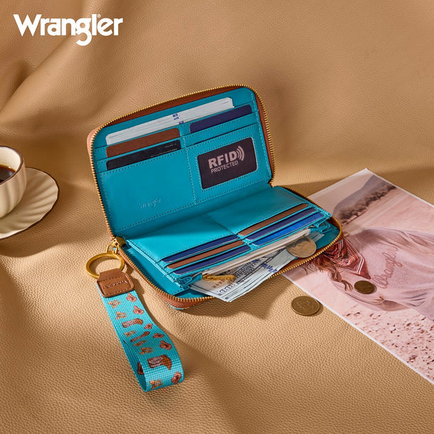Wrangler Western Print RFID Blocking Zippered Cowgirl Wallet- Turquoise - Image 3