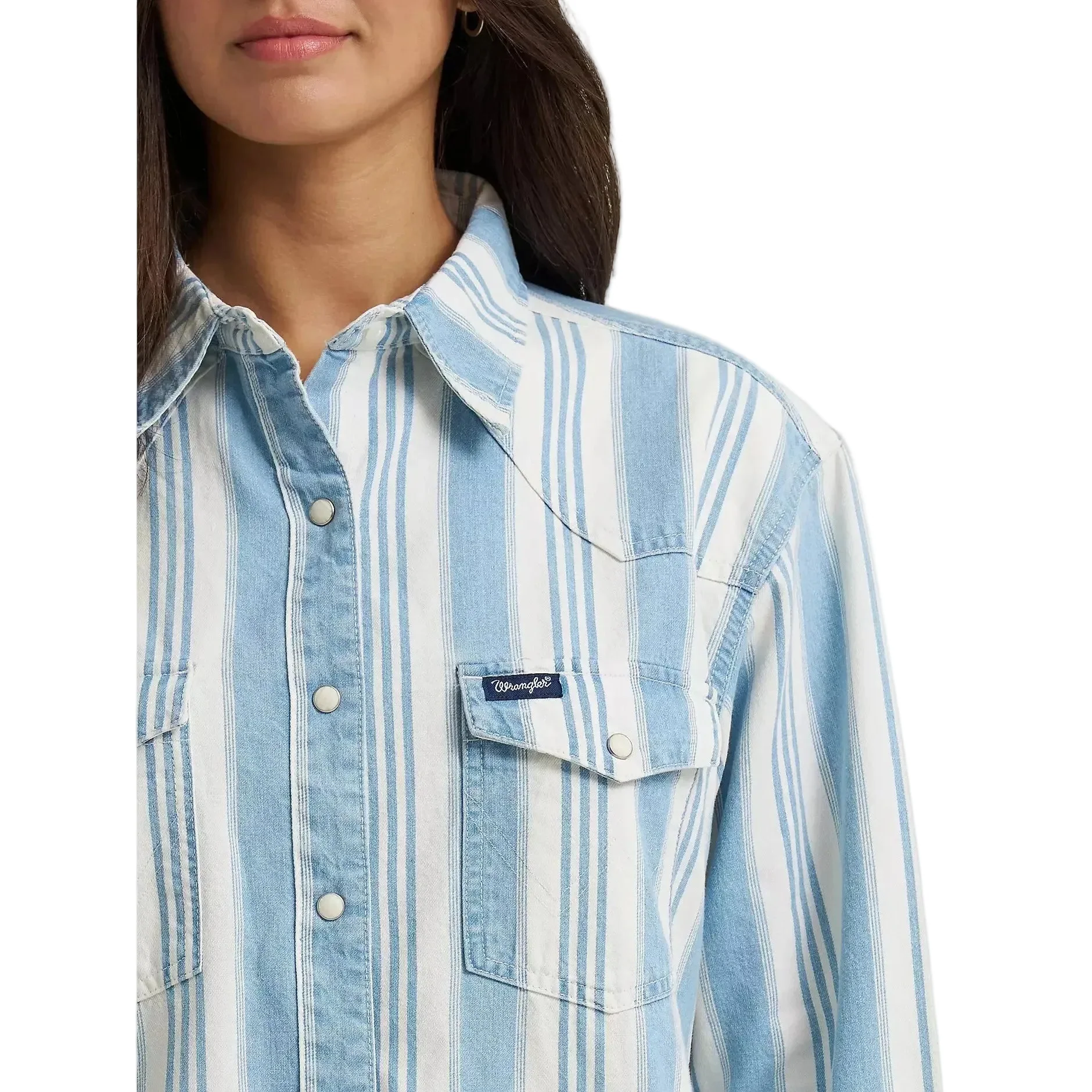 Wrangler Women's Brushpopper Boyfriend Western Stripe Long Sleeve Shirt - Pale Blue - Image 3