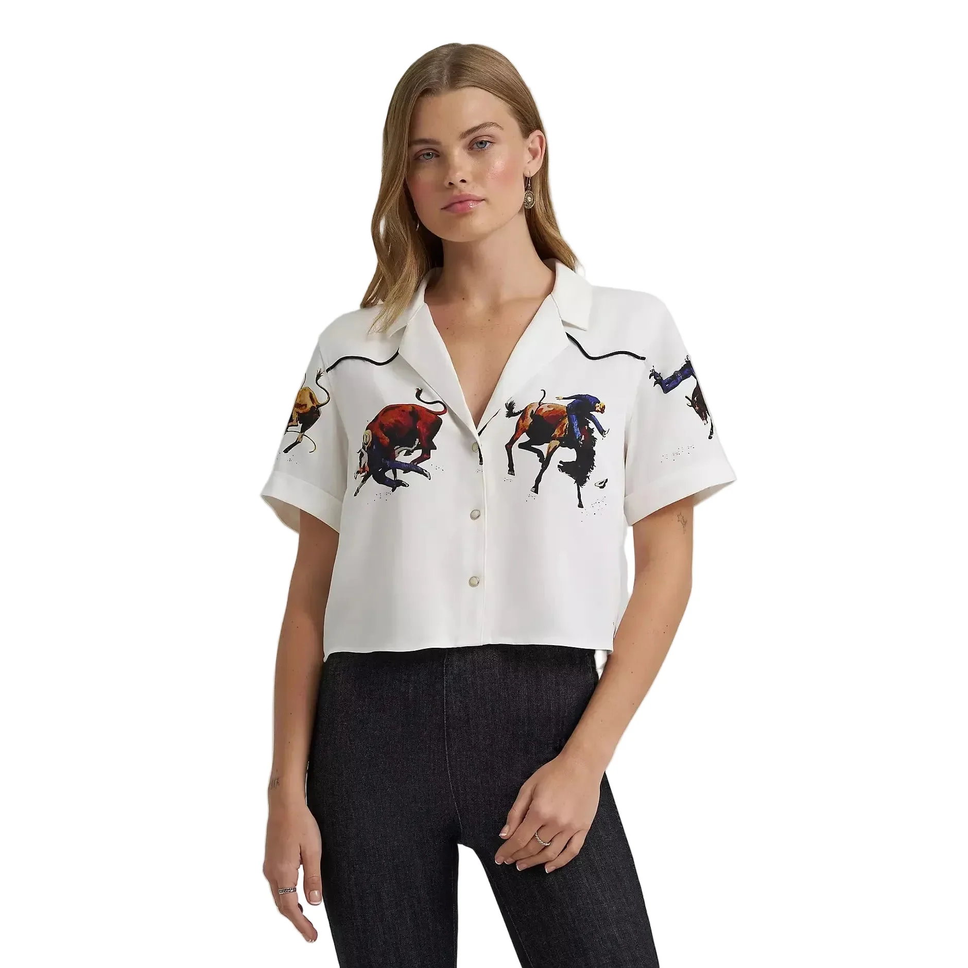 Wrangler Women's Lainey Wilson Short Sleeve Cropped Camp Shirt- White - Image 2