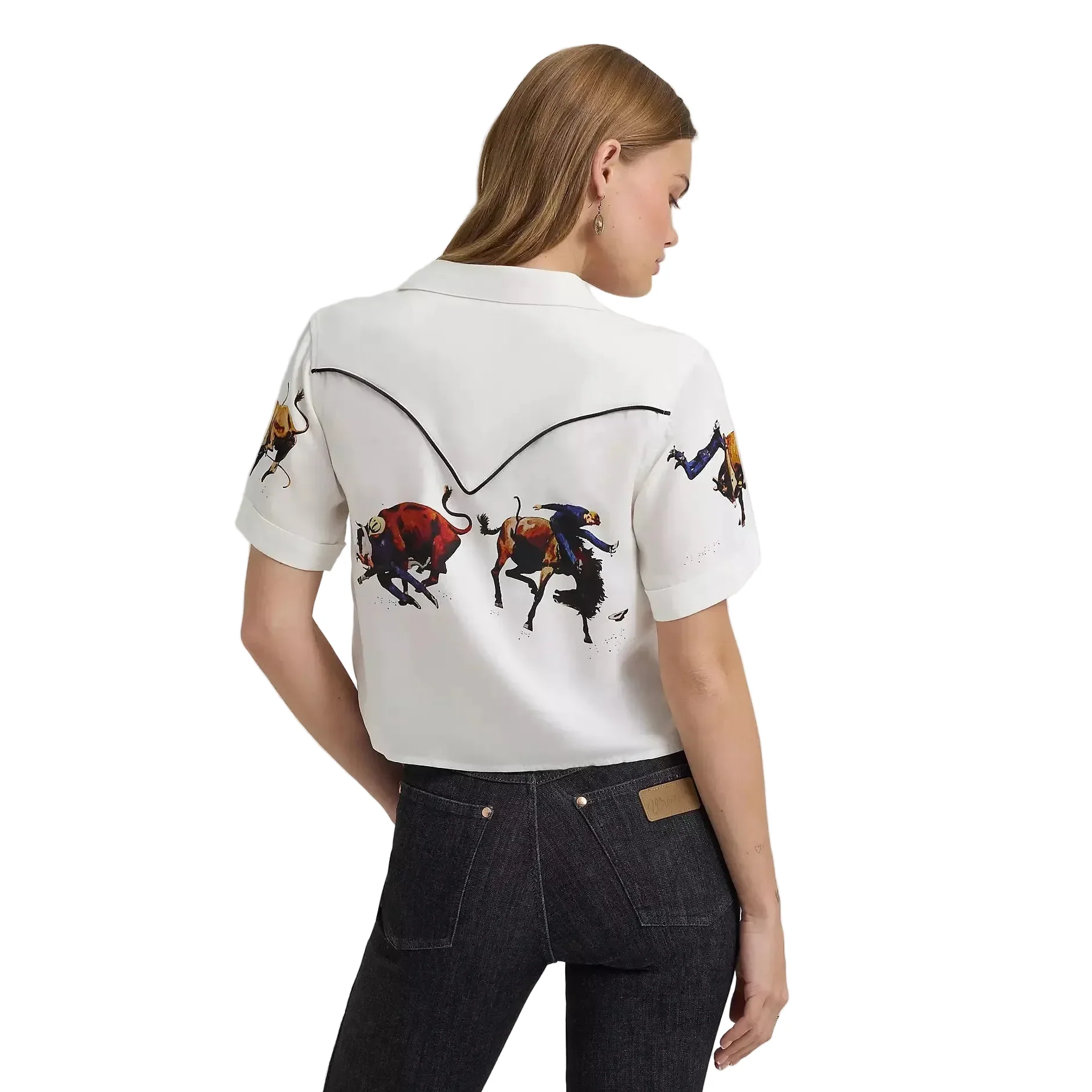 Wrangler Women's Lainey Wilson Short Sleeve Cropped Camp Shirt- White - Image 3