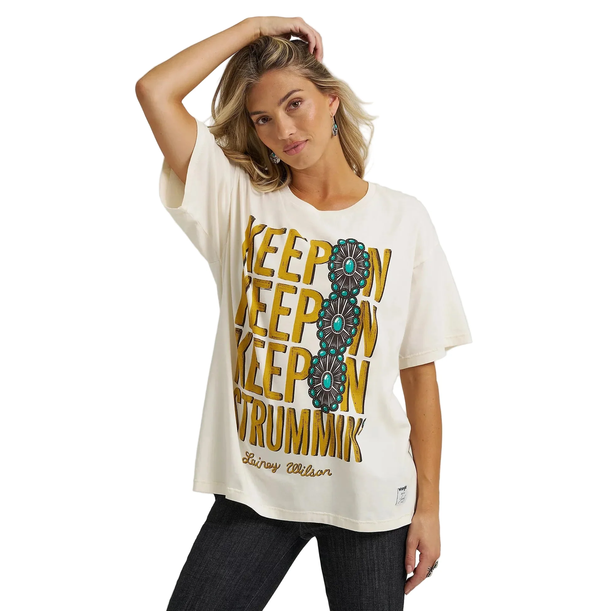 Wrangler Women's Lainey Wilson Short Sleeve  Keep On Strummin Oversized Tee Shirt - Cream - Image 2