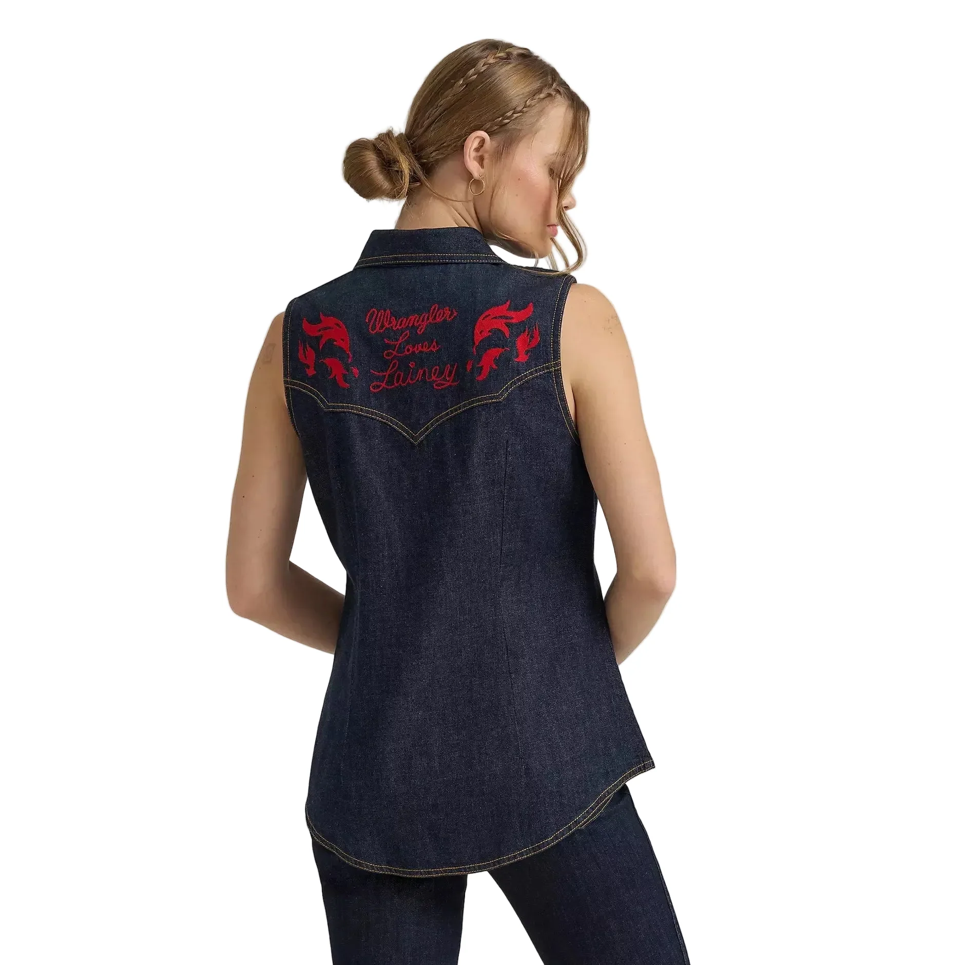Wrangler Women's Lainey Wilson Sleeveless Embroidered Denim Shirt - Dark Rinse - Image 3