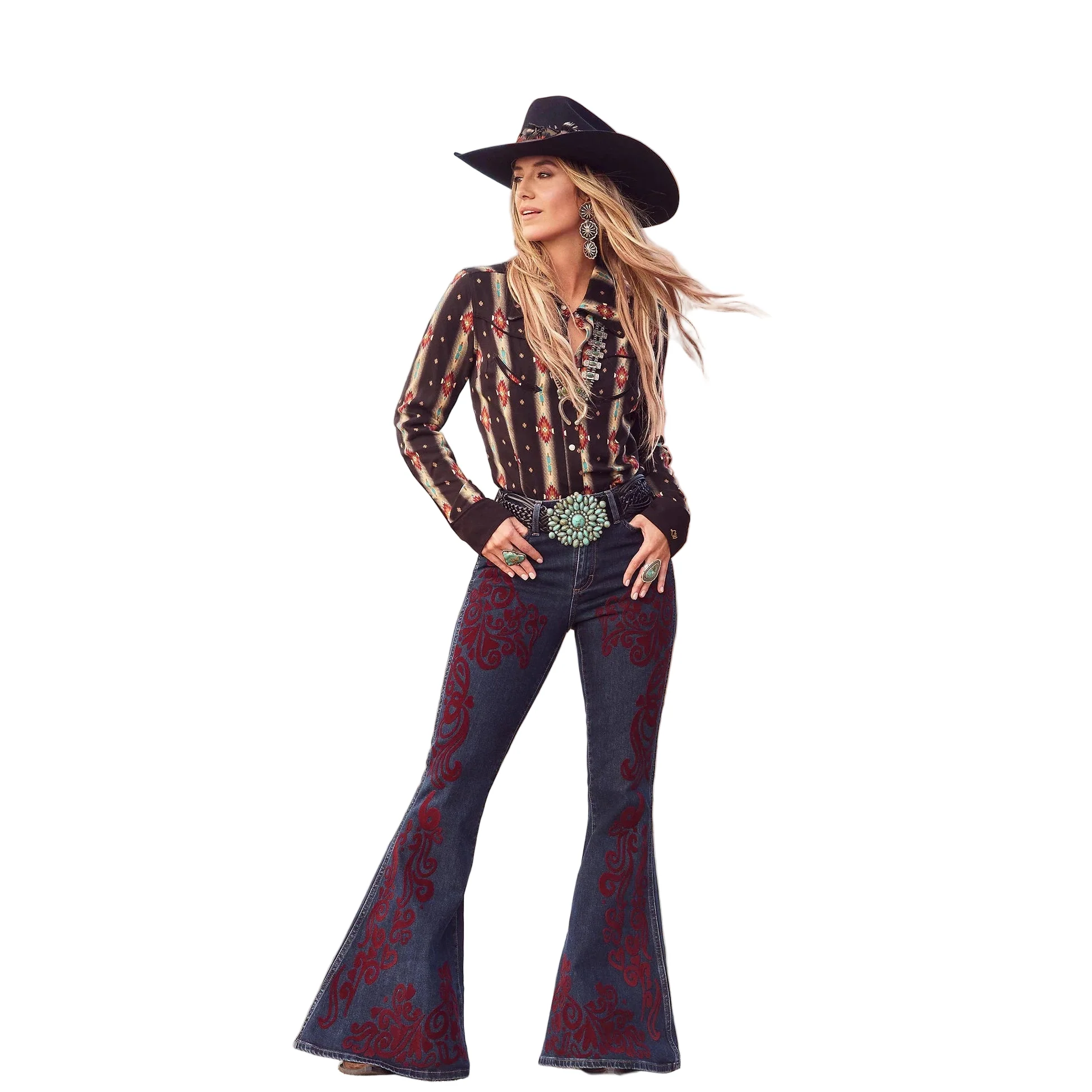 Wrangler Women's Lainey Wilson Vintage Flock Flare - Maroon Dark Wash