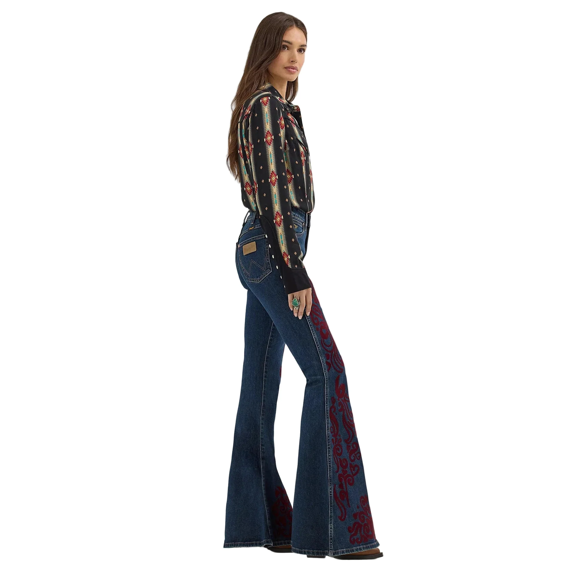 Wrangler Women's Lainey Wilson Vintage Flock Flare - Maroon Dark Wash - Image 3