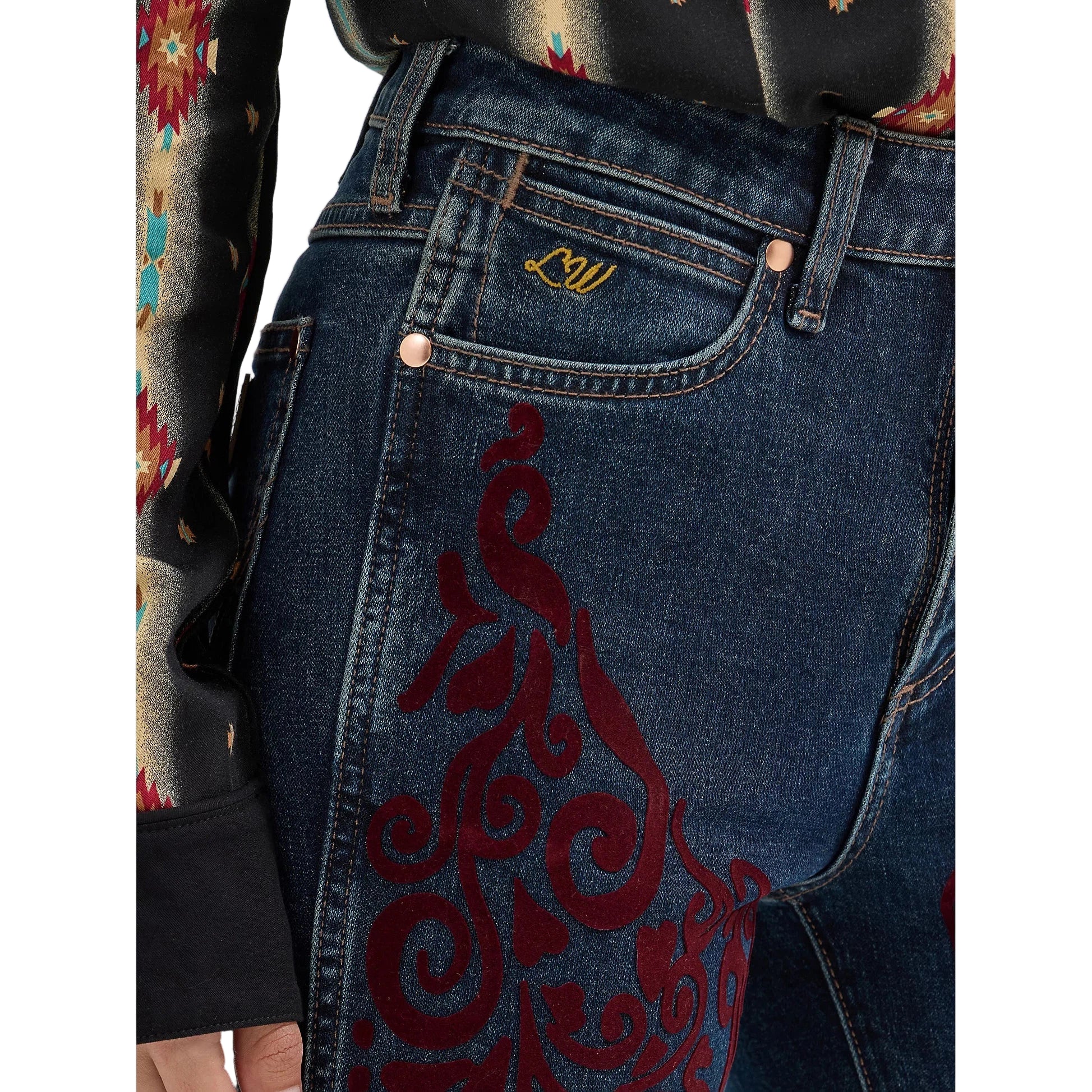 Wrangler Women's Lainey Wilson Vintage Flock Flare - Maroon Dark Wash - Image 5